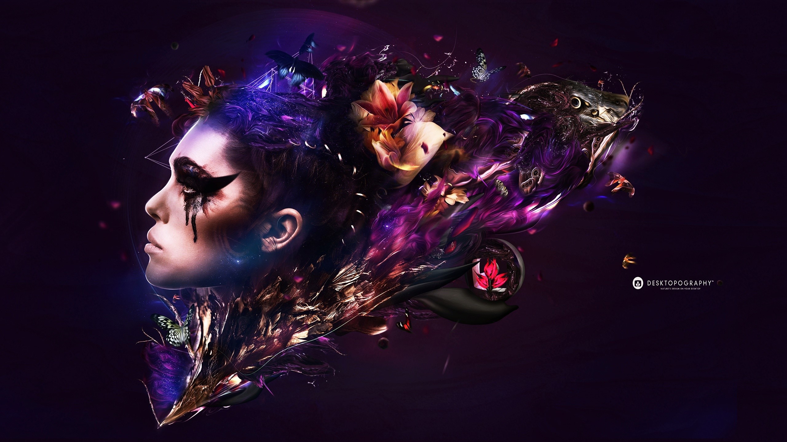 Abstract portrait of a woman with flowers and butterflies HD Wallpaper