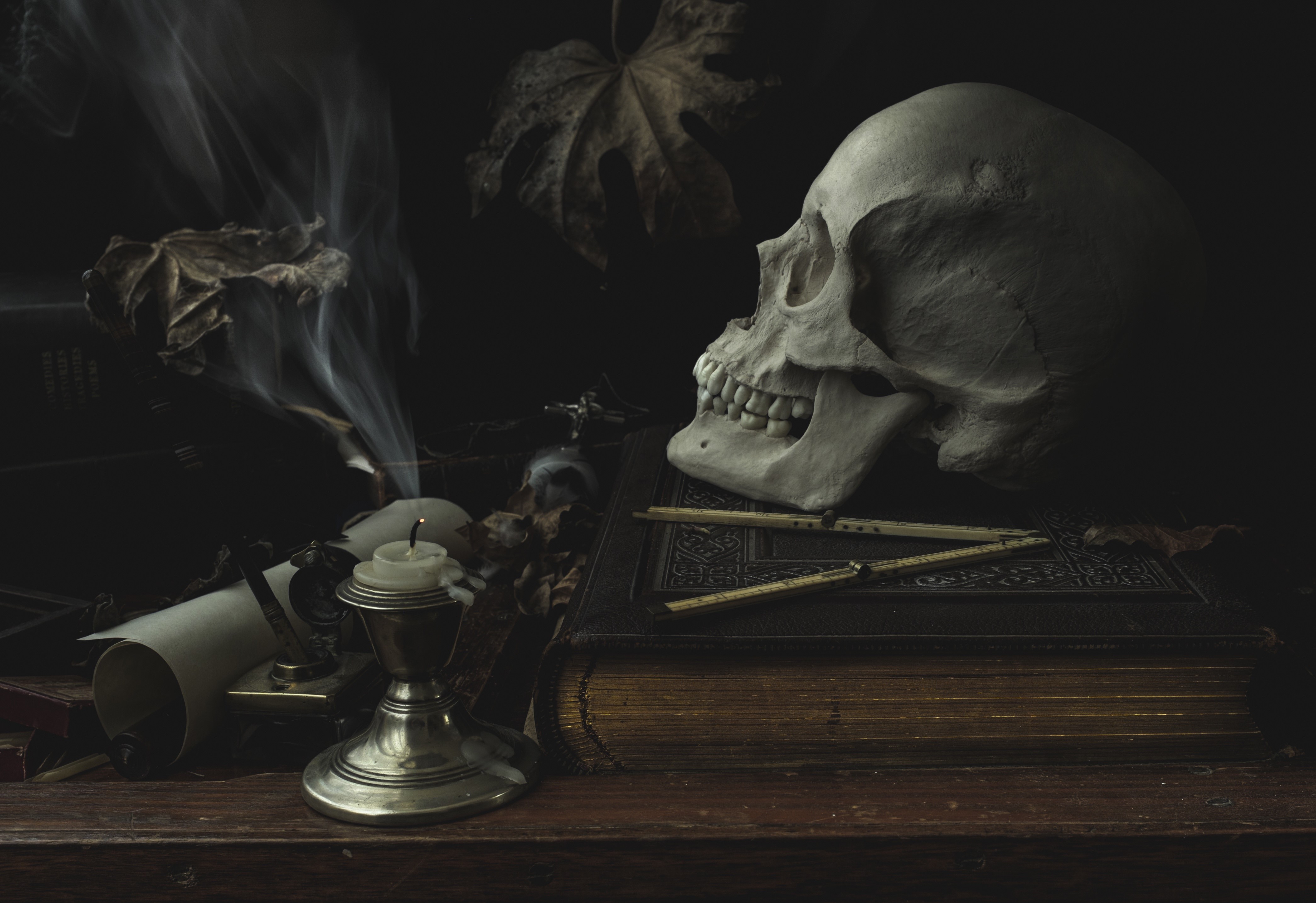 4K Gothic Skull and Candle Still Life HD Wallpaper