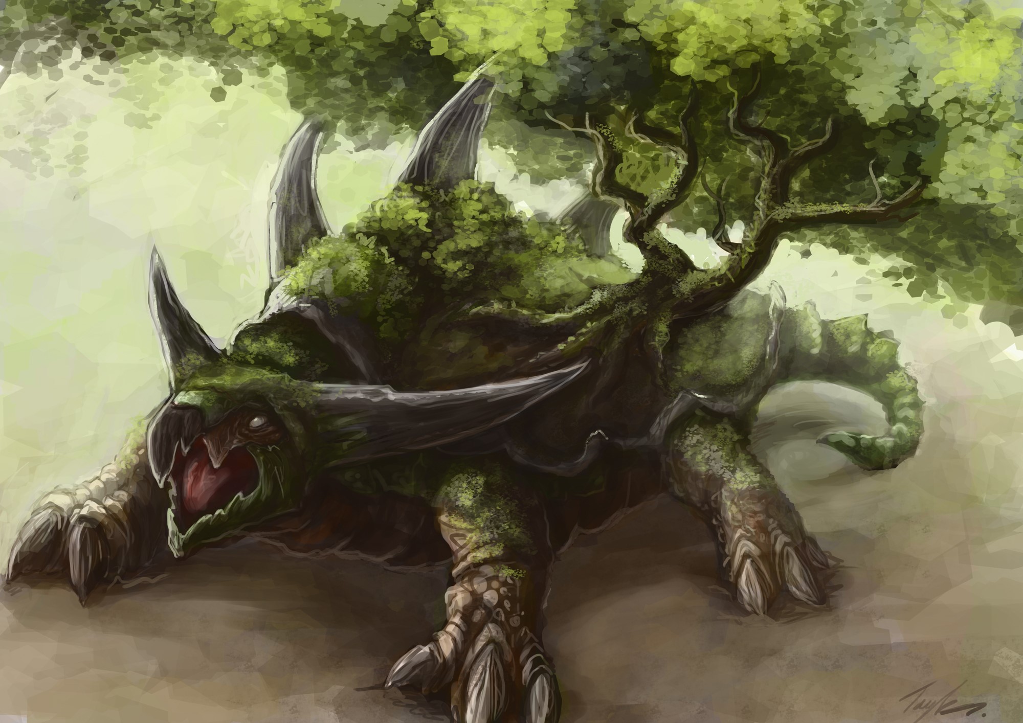 A moss-covered creature with horns and a tree growing from its back HD Wallpaper