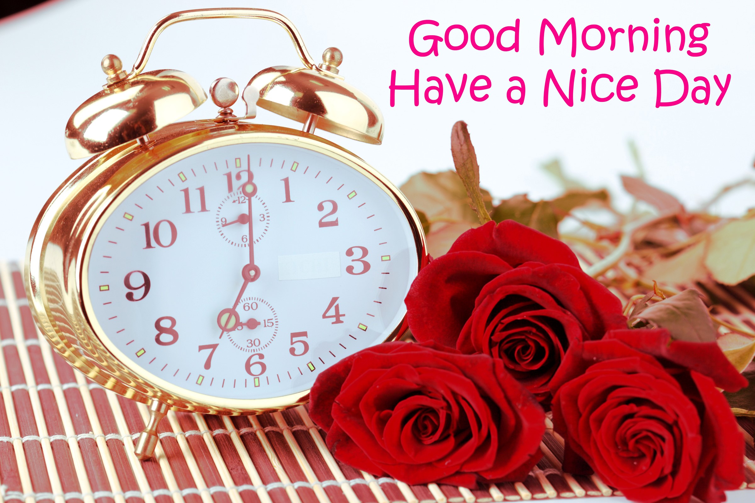 Alarm clock with red roses and good morning message HD Wallpaper