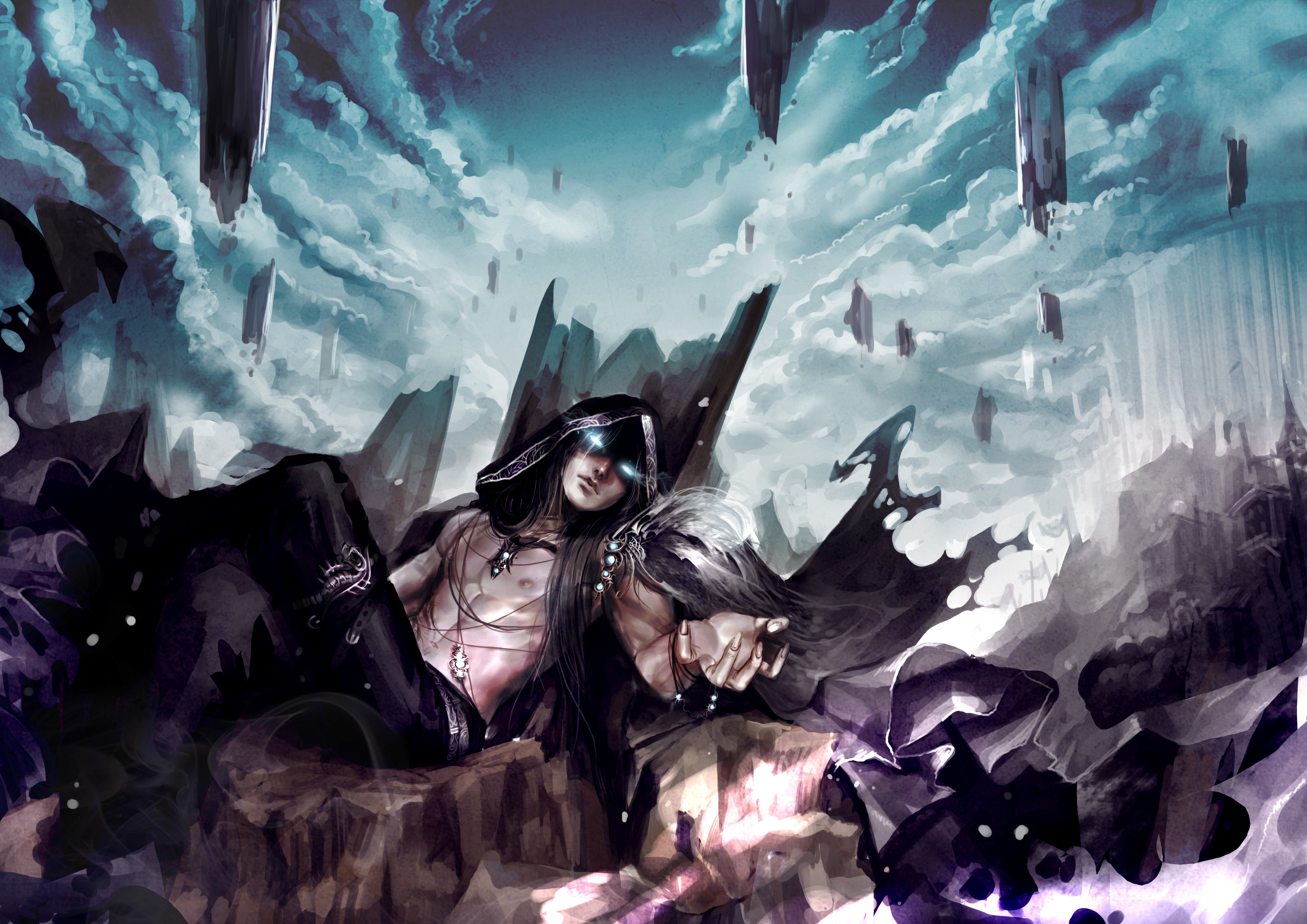 Man with glowing eyes in a dark hooded cloak HD Wallpaper
