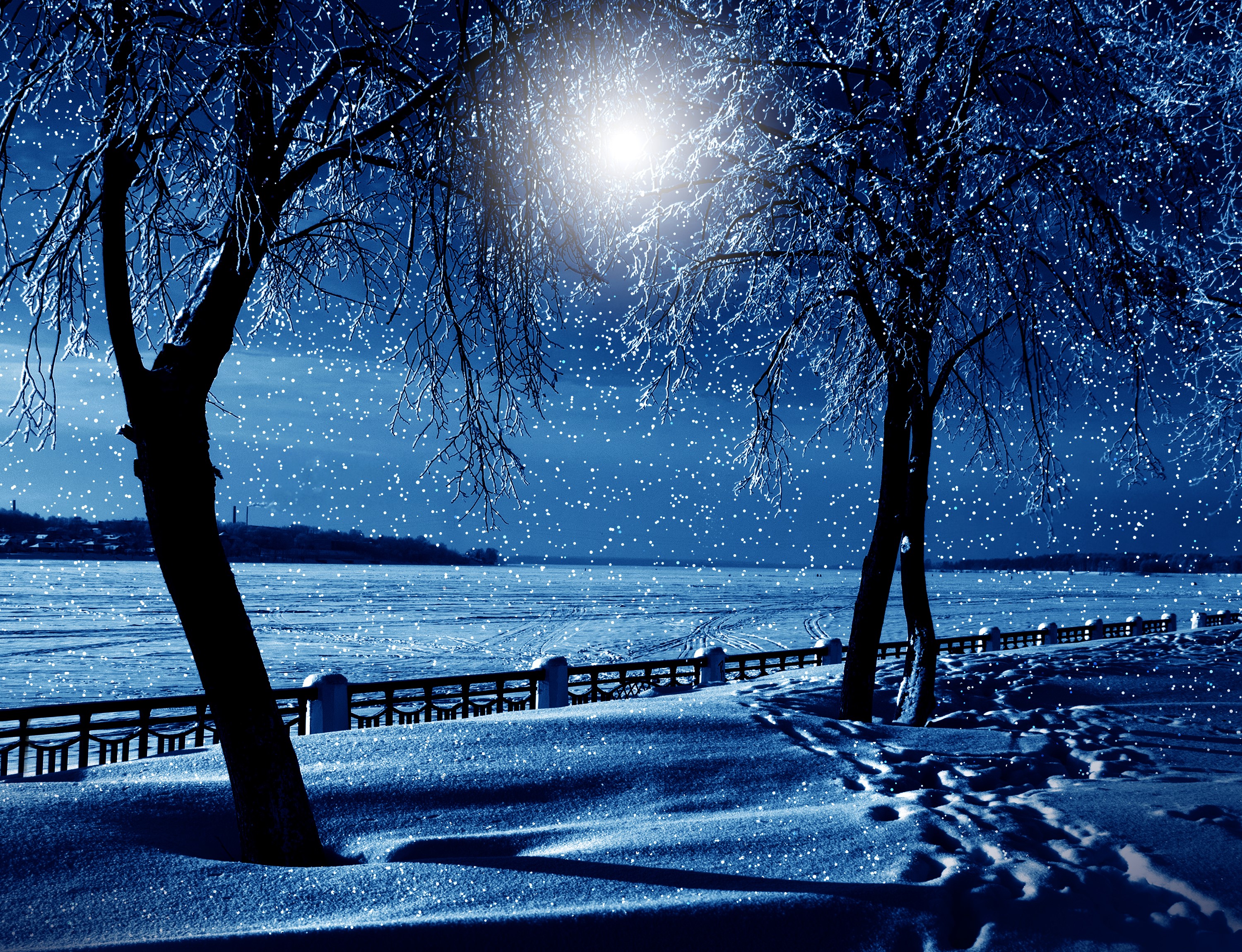 Winter scene with snow falling and trees by a frozen river HD Wallpaper