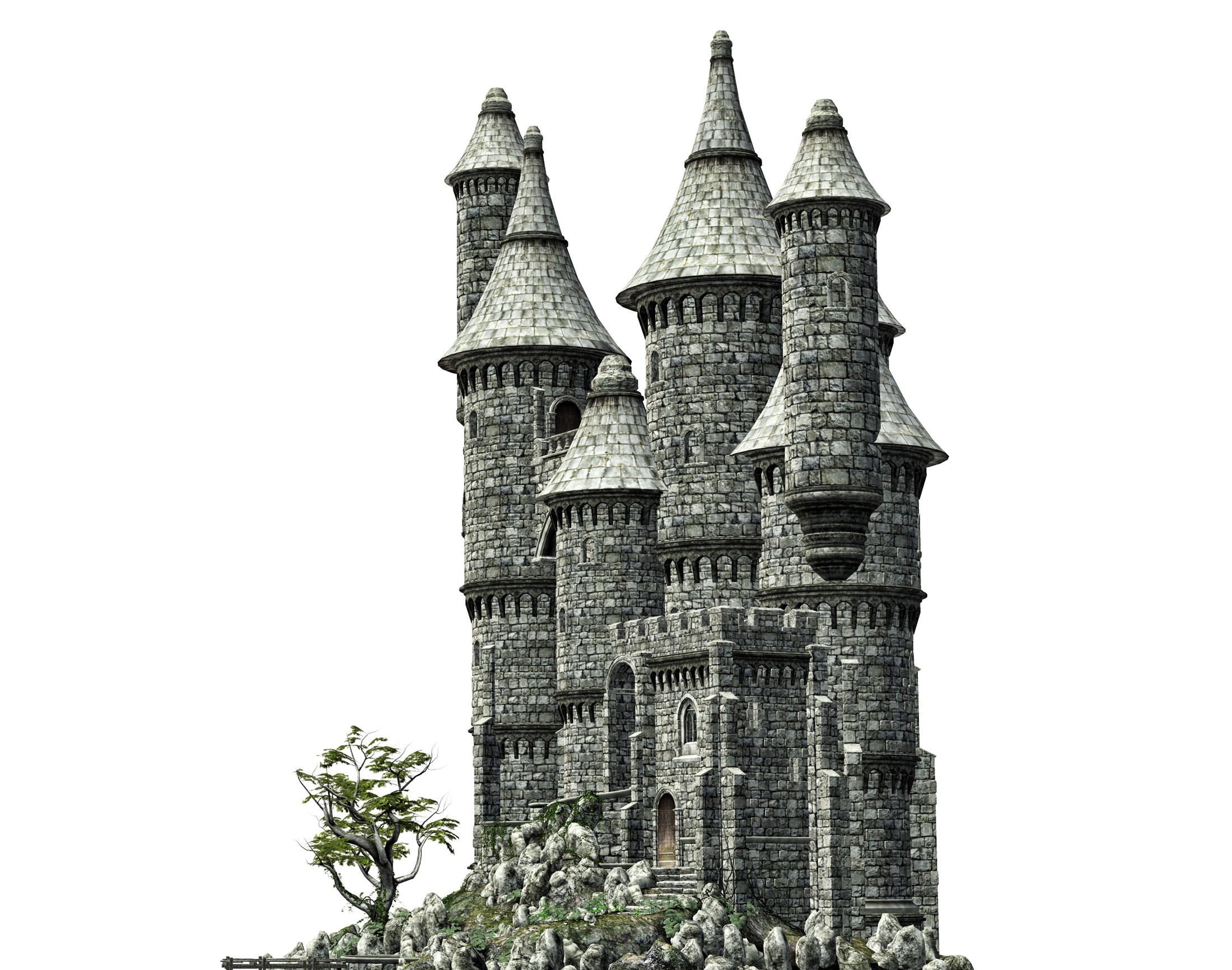 Stone castle with multiple towers on a rocky hill HD Wallpaper