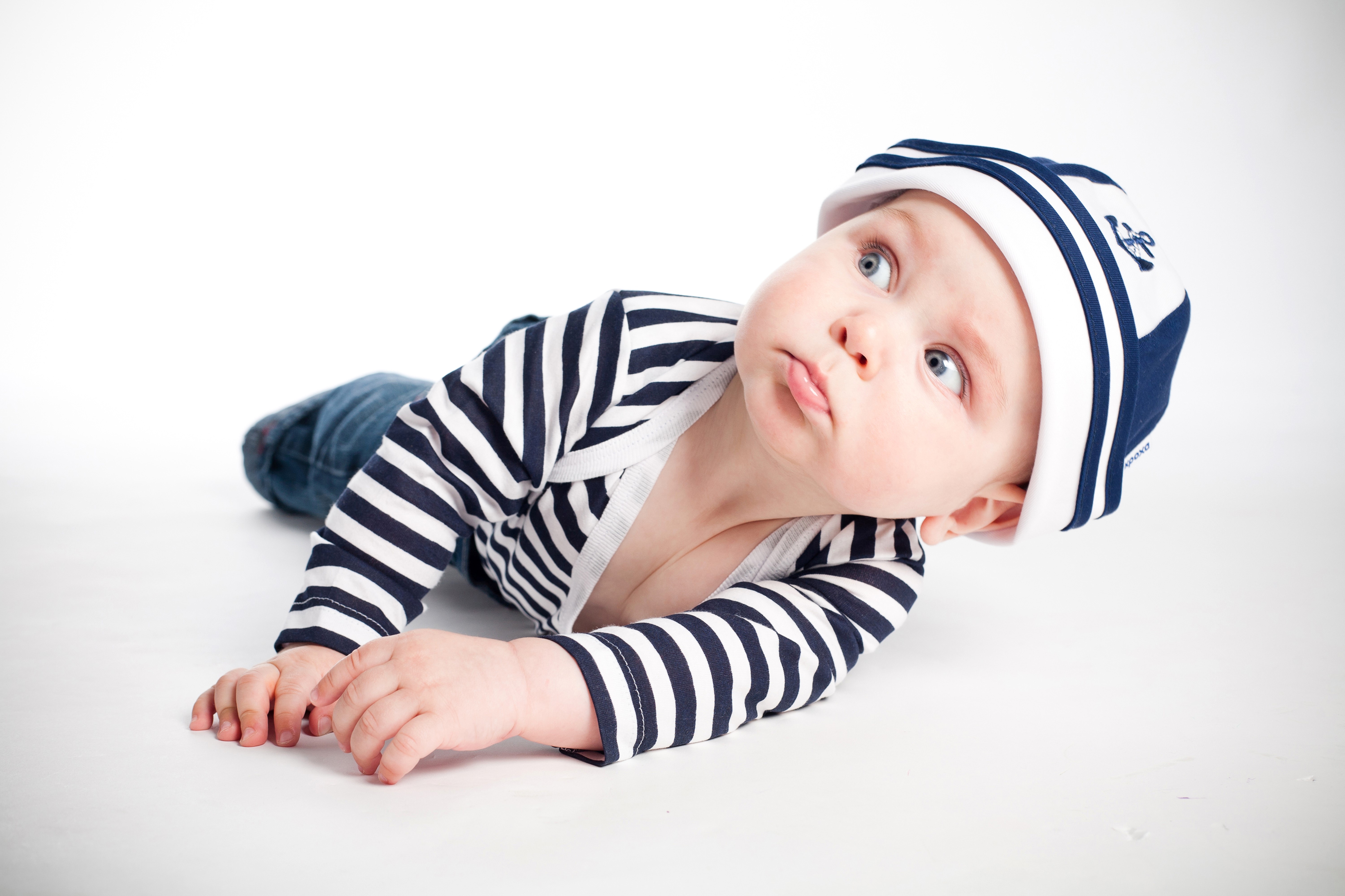 Baby boy in sailor hat and striped shirt HD Wallpaper