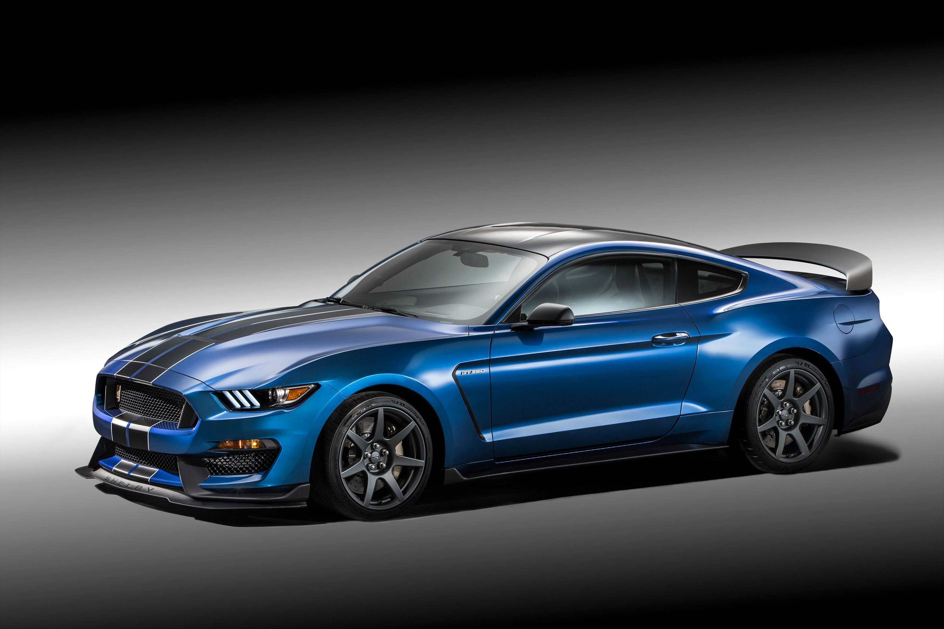Blue Ford Shelby Mustang GT350R with racing stripes HD Wallpaper