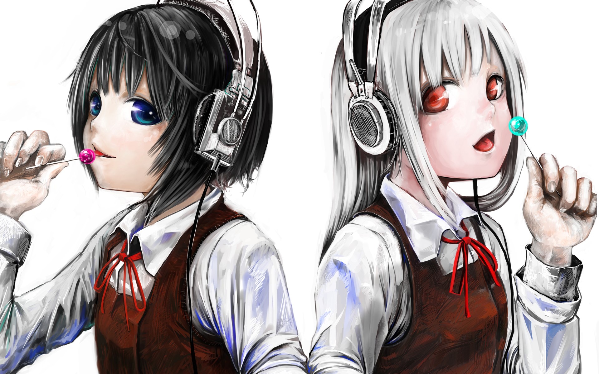 Two schoolgirls with headphones and lollipops HD Wallpaper