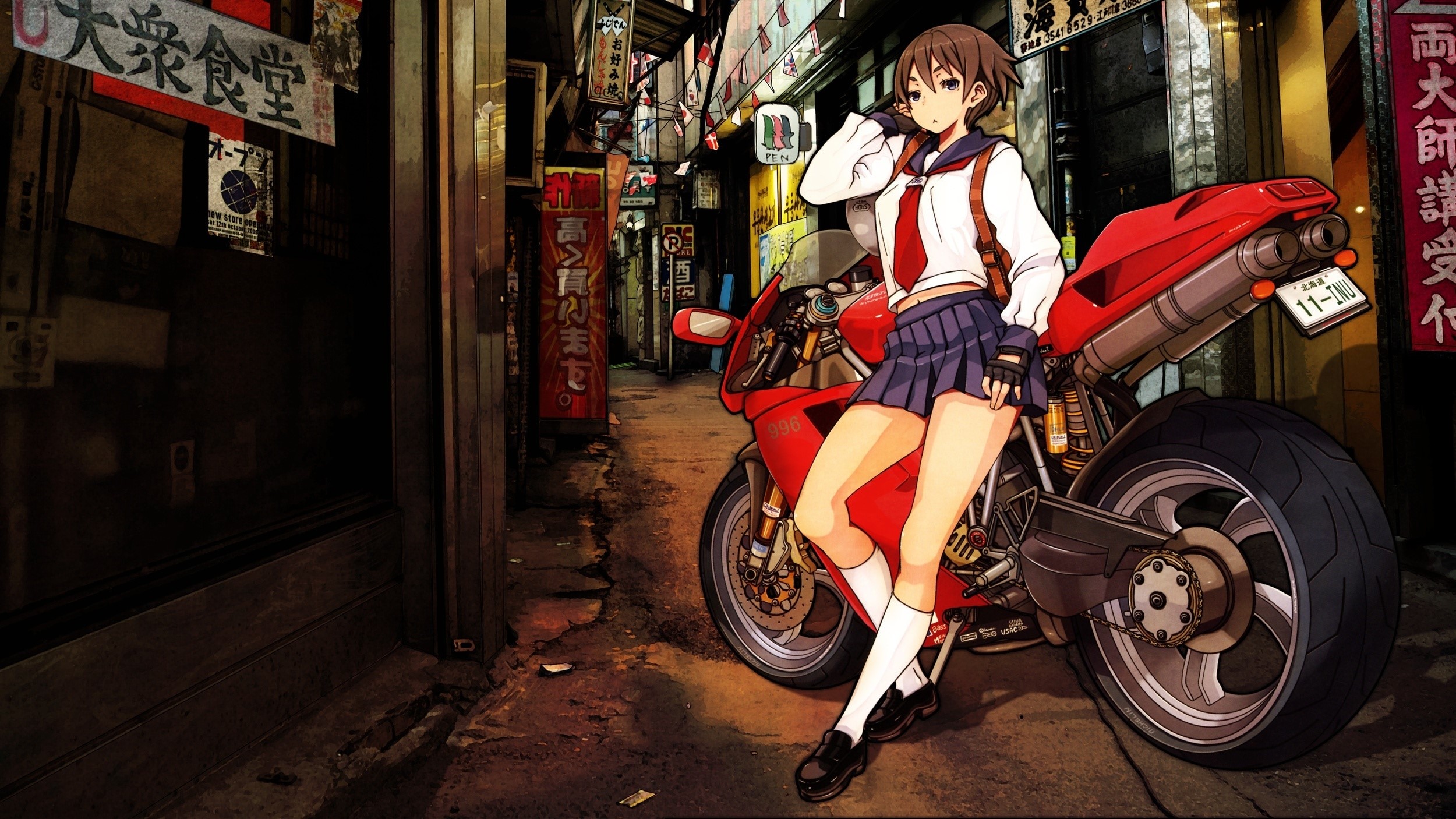 Anime girl in school uniform with a red Ducati motorcycle HD Wallpaper
