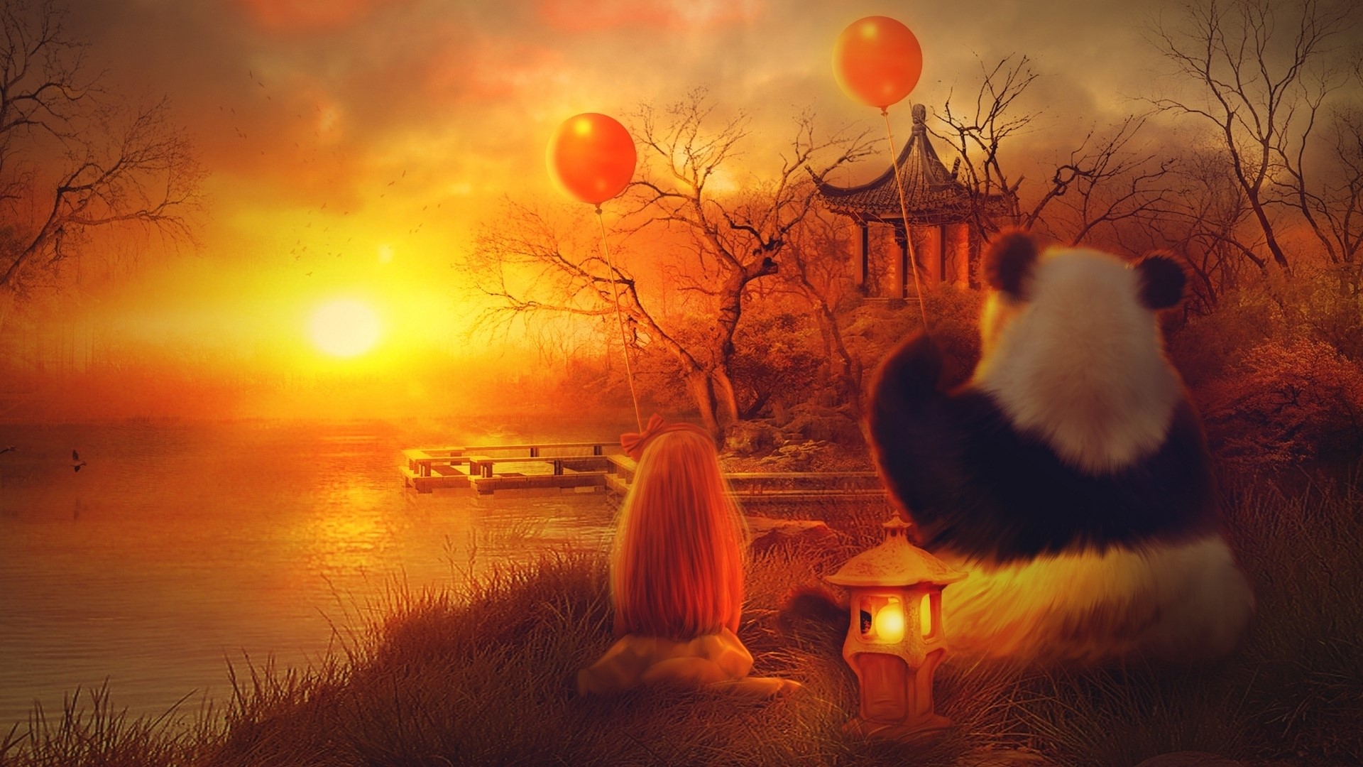 Panda and girl with balloons at sunset HD Wallpaper