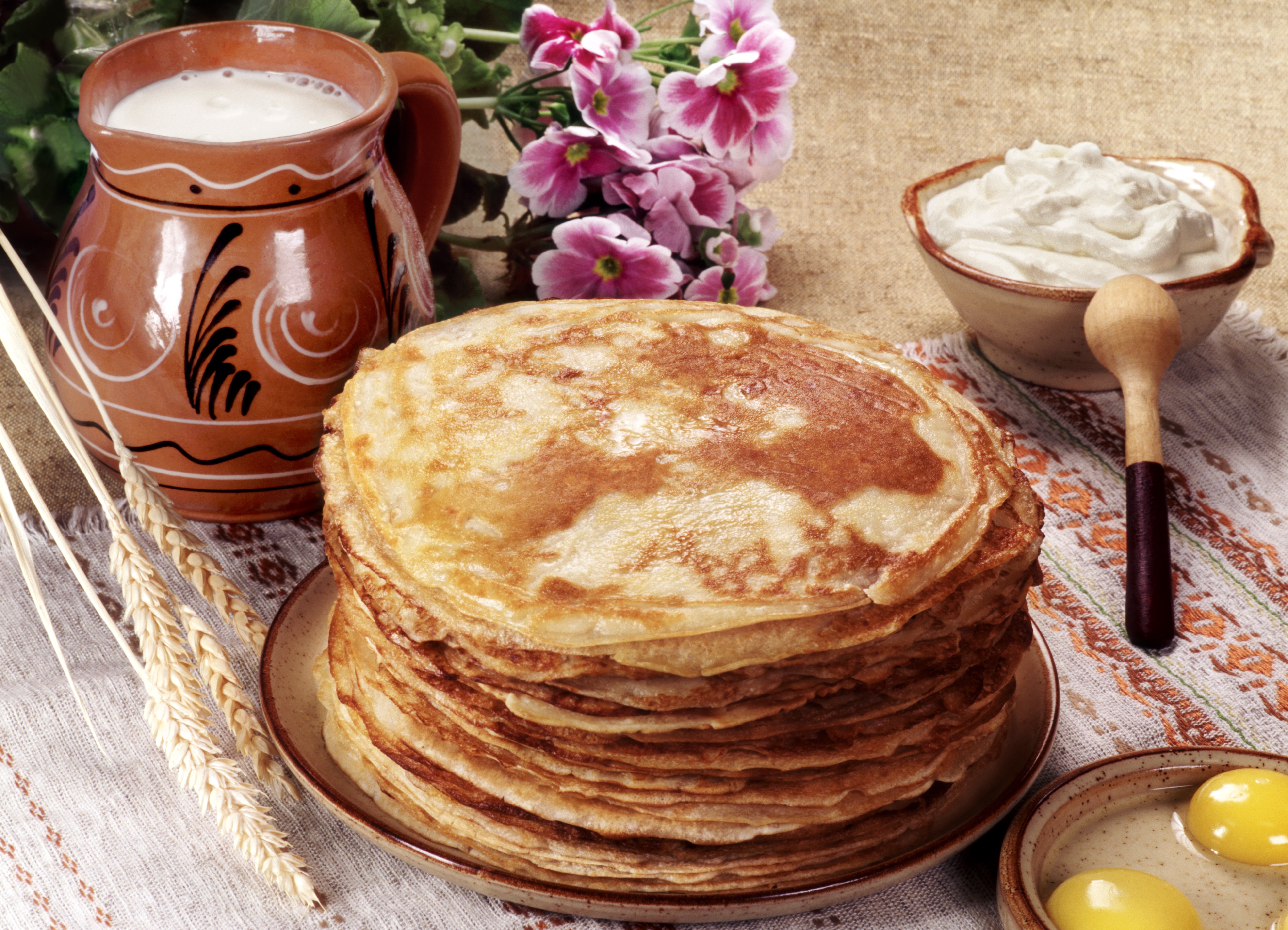 Stack of Pancakes with Milk and Eggs HD Wallpaper