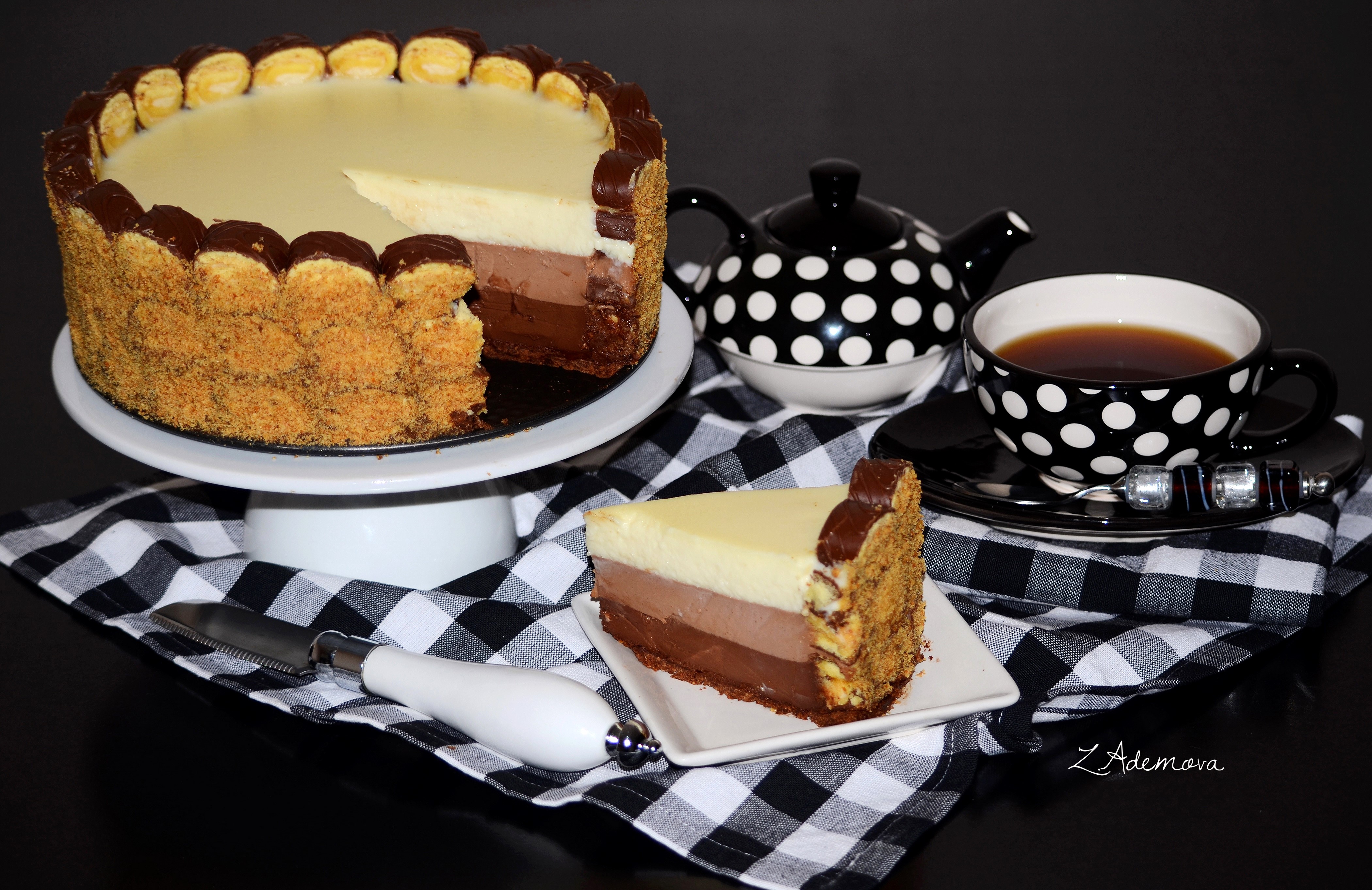 Chocolate and Vanilla Mousse Cake with Tea HD Wallpaper