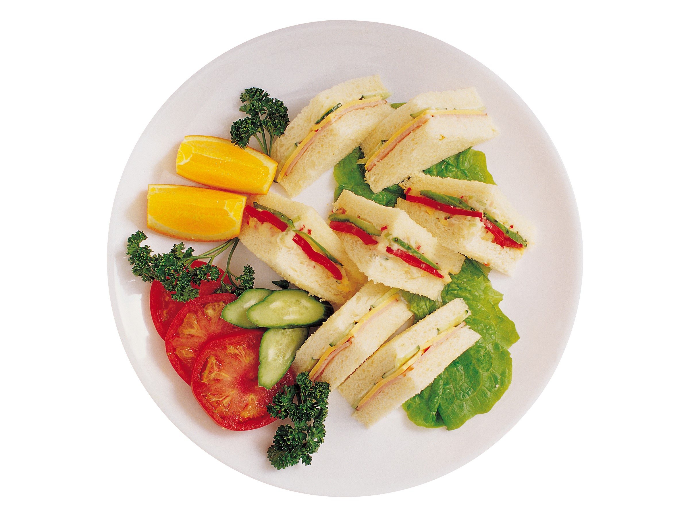 Sandwiches with tomatoes, cucumbers, and orange slices on a plate HD Wallpaper