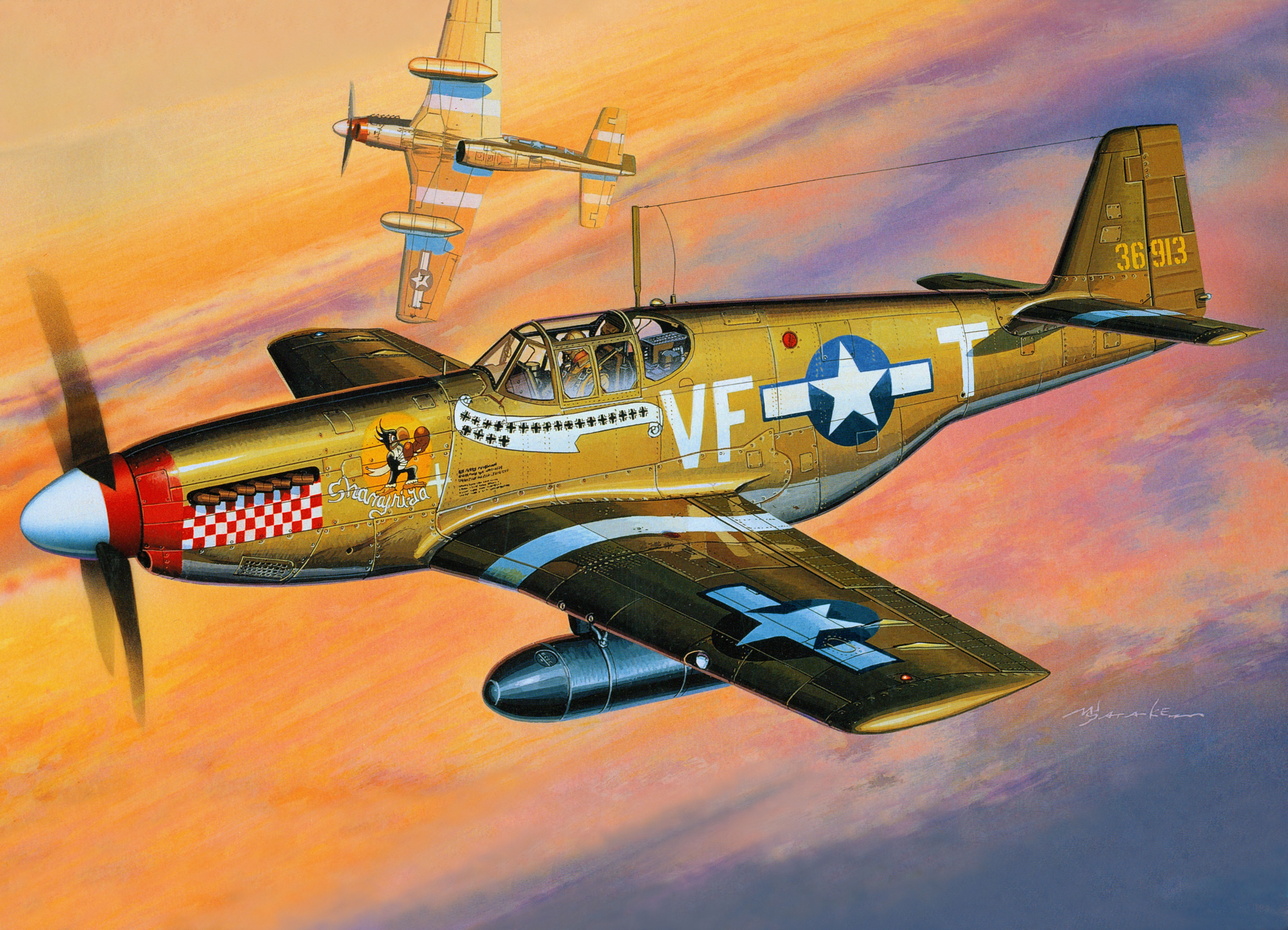P-51B Mustang "Shangri-La" and another P-51B in flight HD Wallpaper