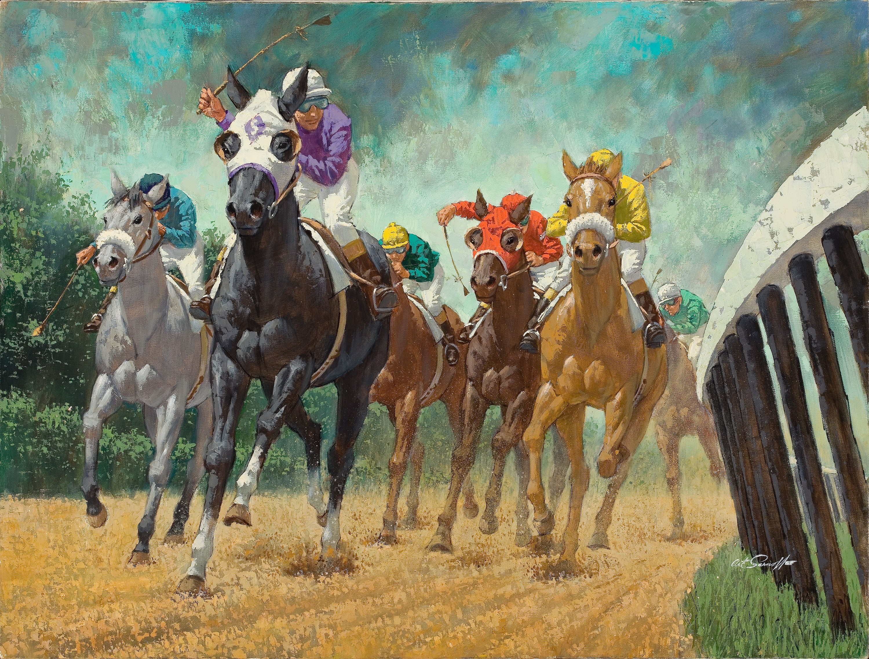 Arthur Saron Sarnoff's Rounding the Turn horse race painting HD Wallpaper