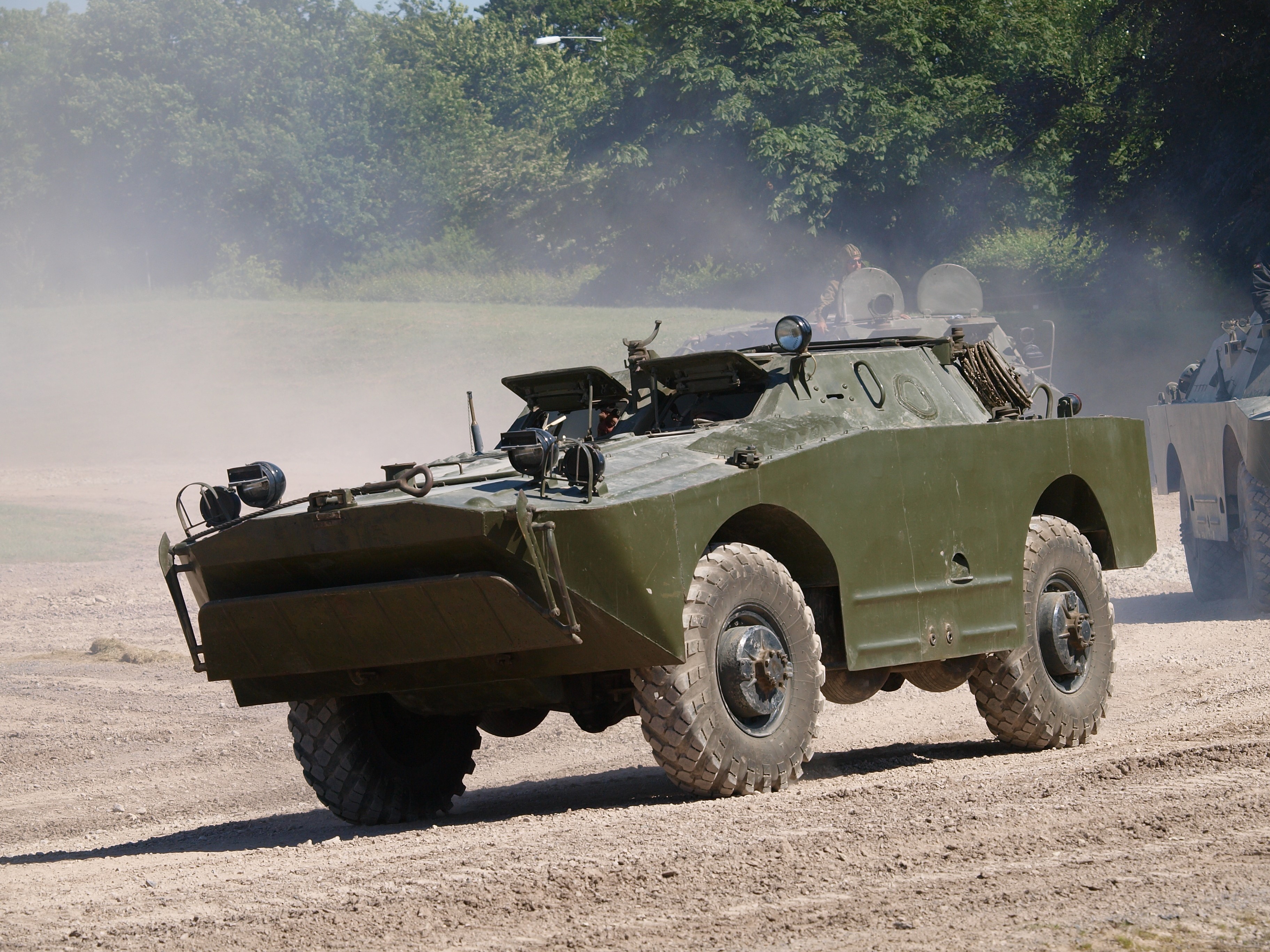 BRDM-1 military vehicle driving on dirt road HD Wallpaper