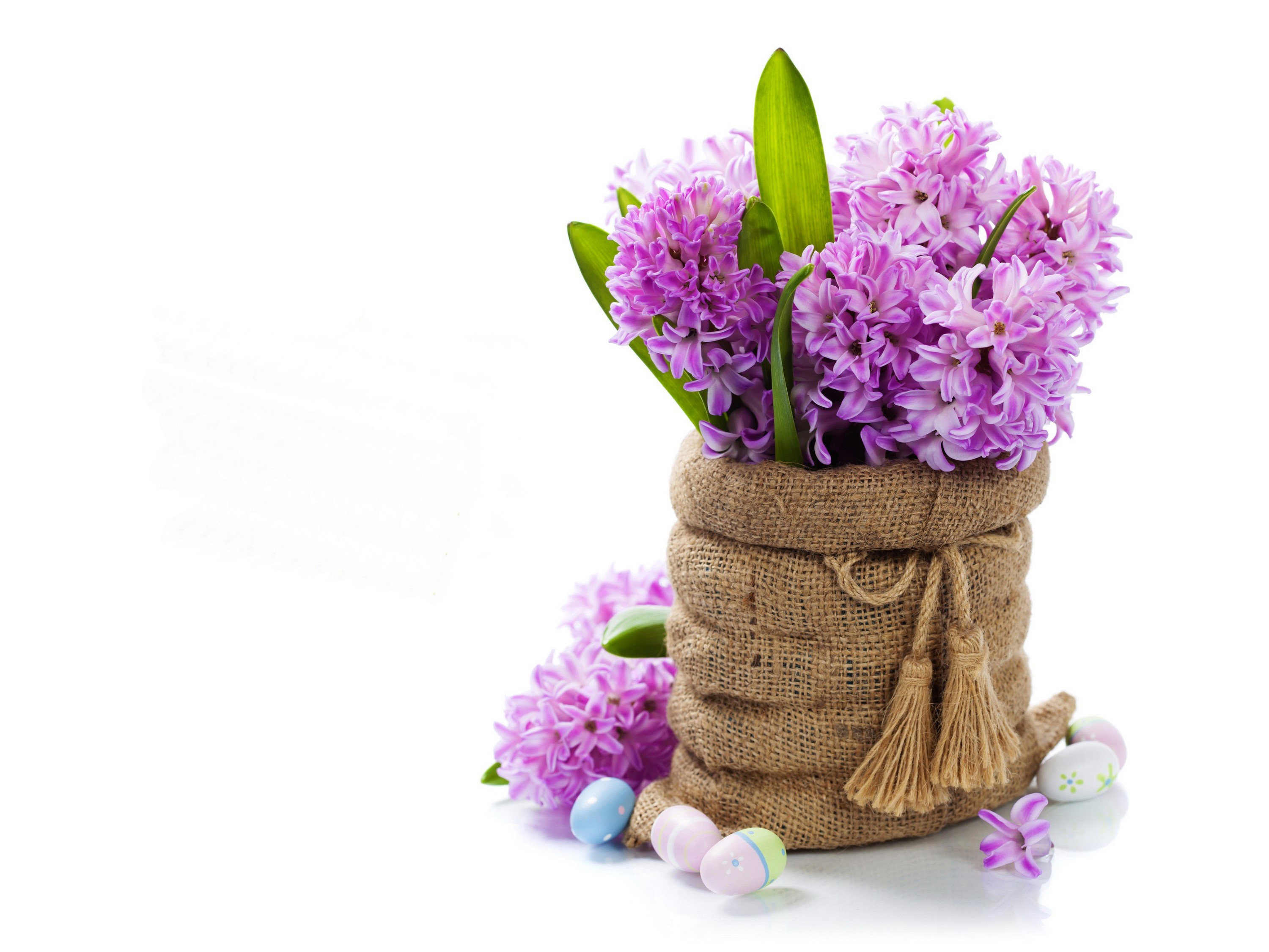 Purple Hyacinths in a Burlap Bag with Easter Eggs HD Wallpaper