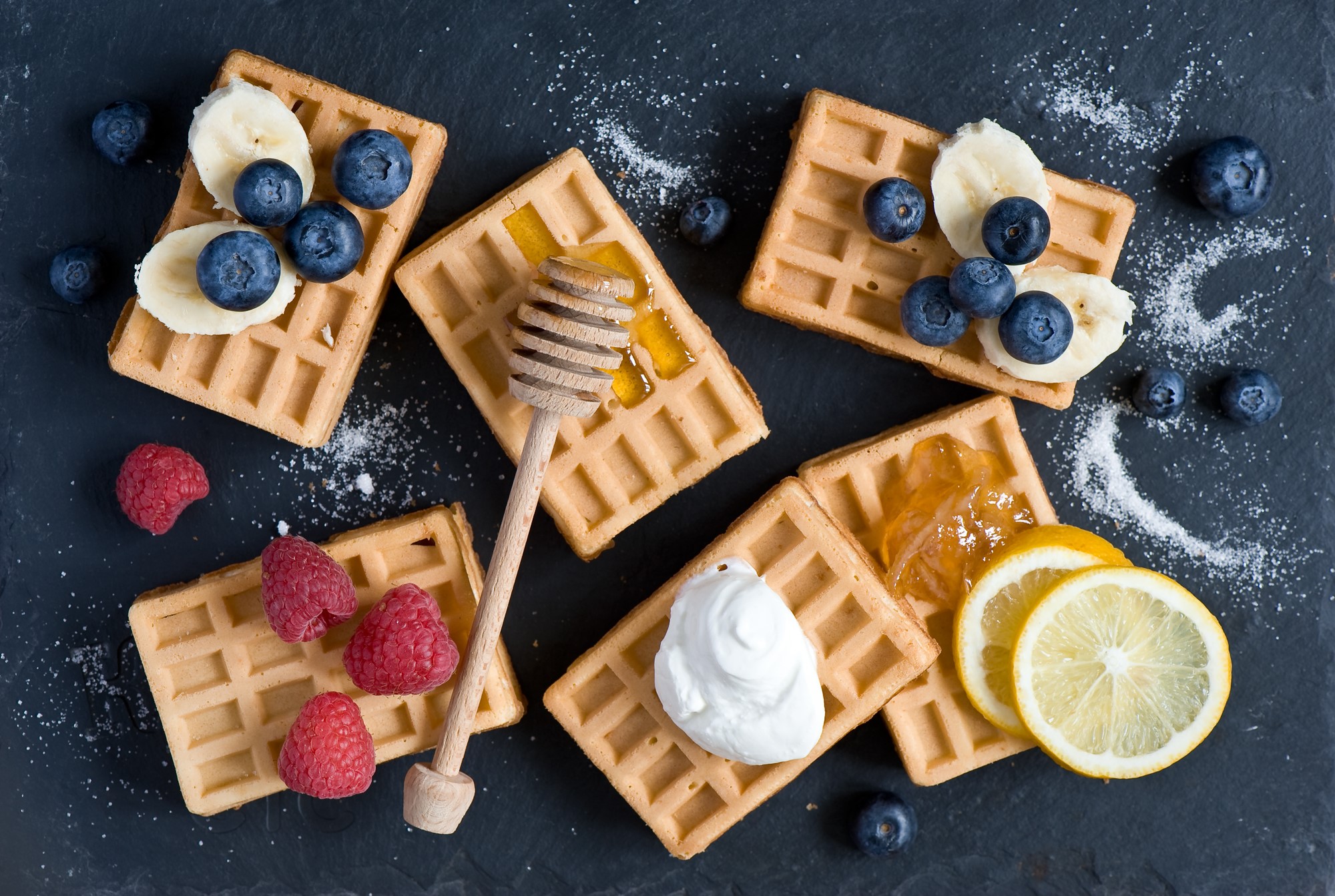 Waffles with Berries, Bananas, Honey, and Lemon HD Wallpaper