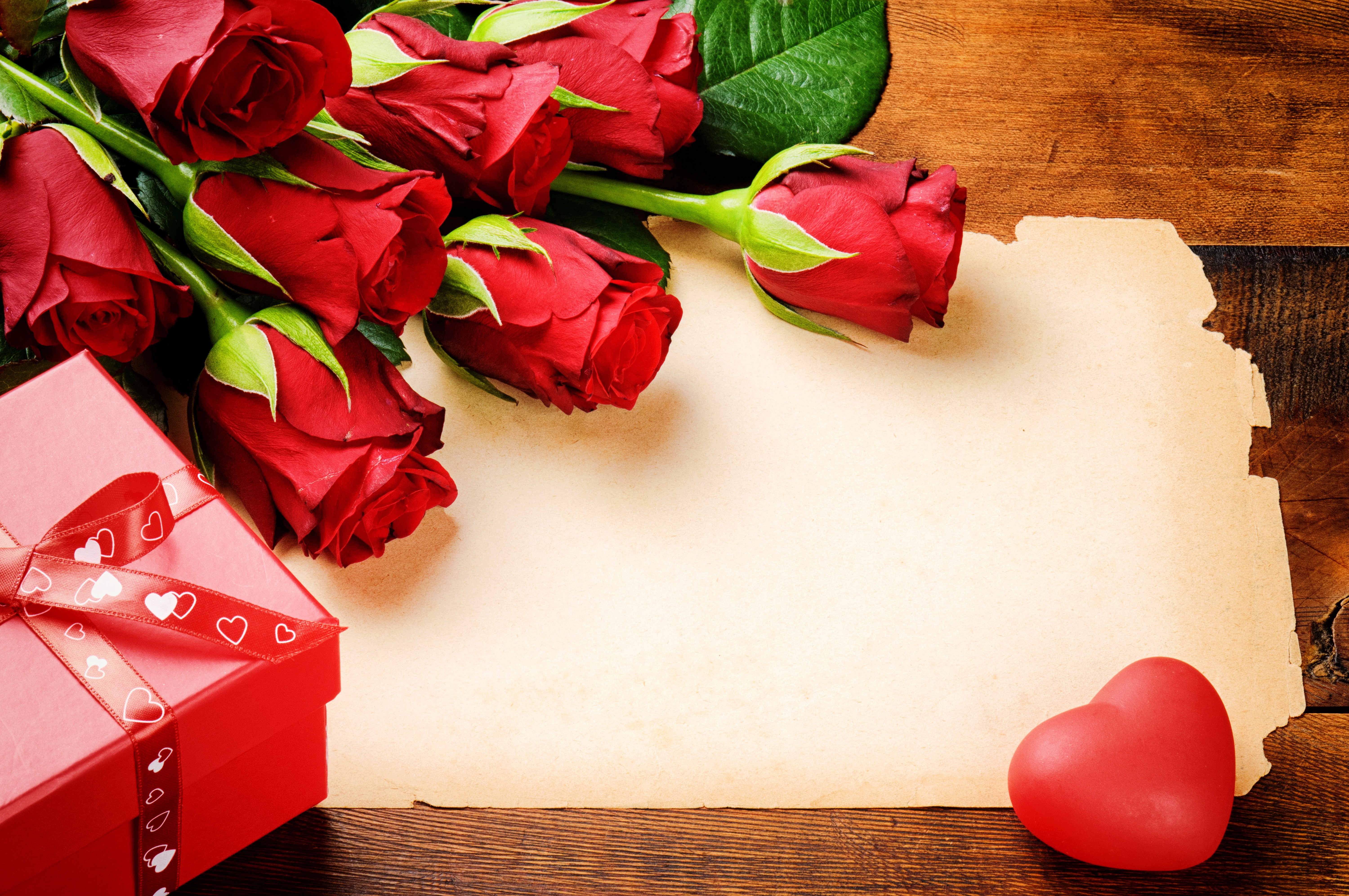Red Roses, Gift Box, Heart, and Parchment on Wood HD Wallpaper