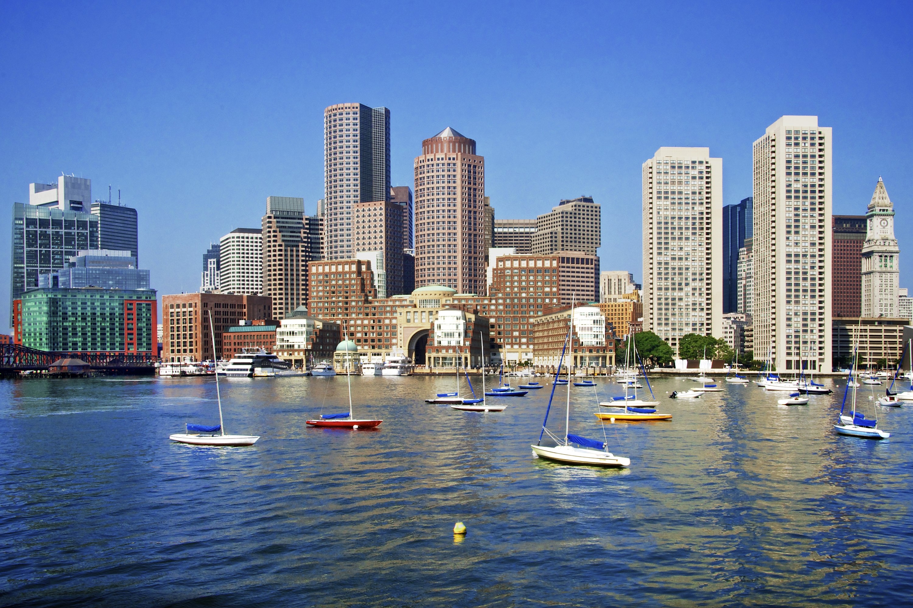 Boston Skyline with Sailboats on the Water HD Wallpaper