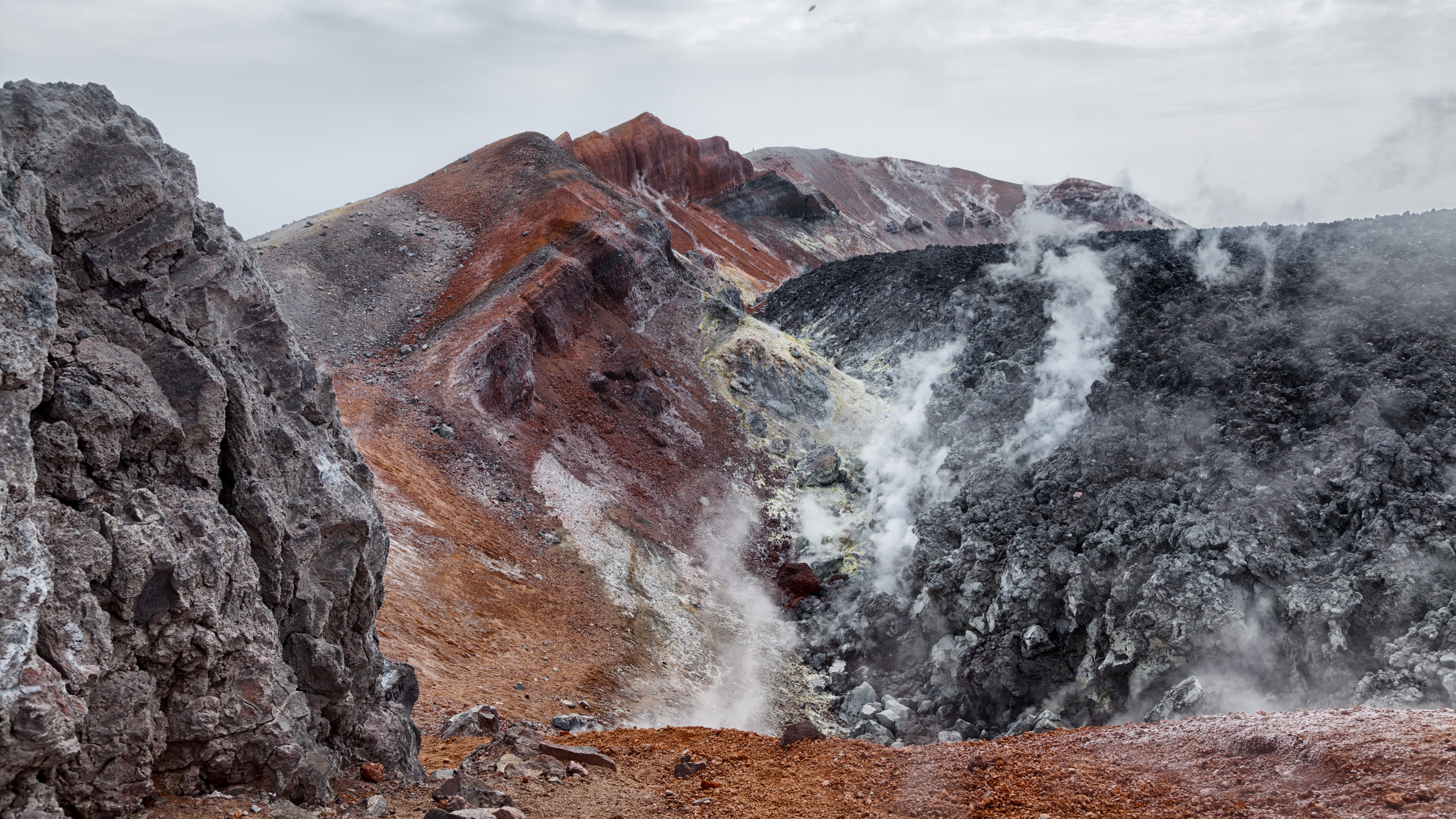 Volcanic landscape with steam on Kamchatka Peninsula, Russia HD Wallpaper