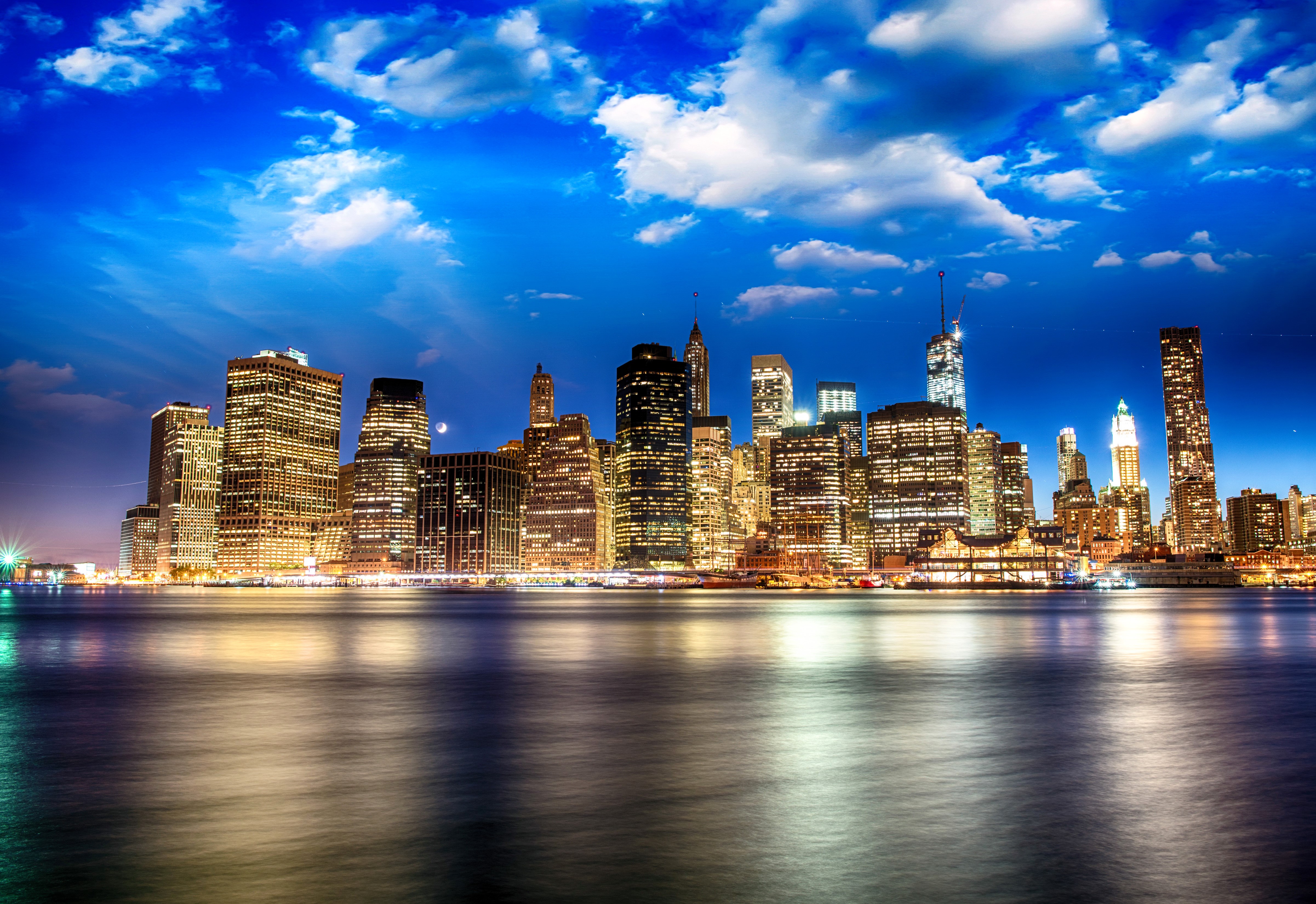 New York City Skyline at Night over River HD Wallpaper