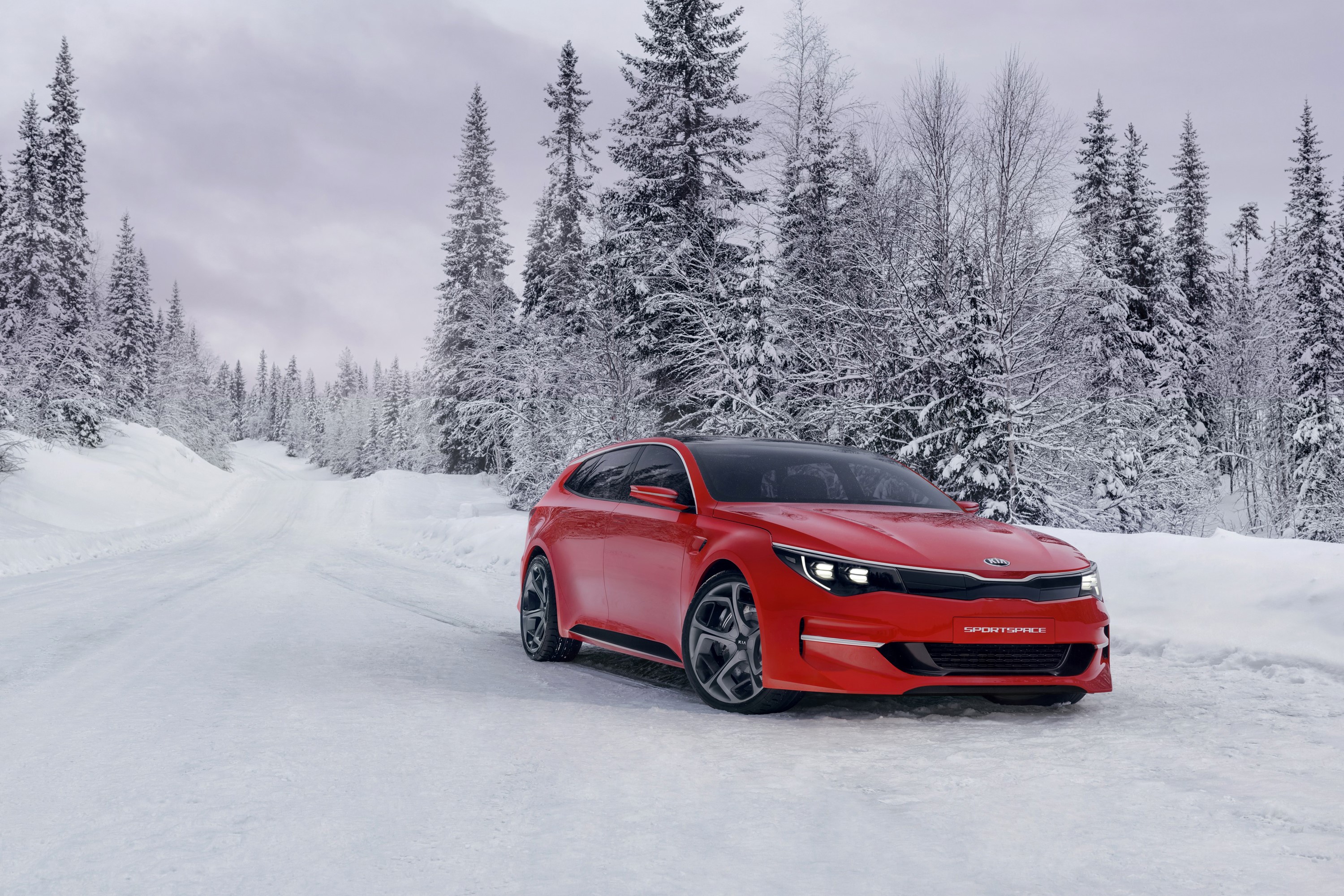 Red 2015 Kia Sportspace concept car in winter HD Wallpaper