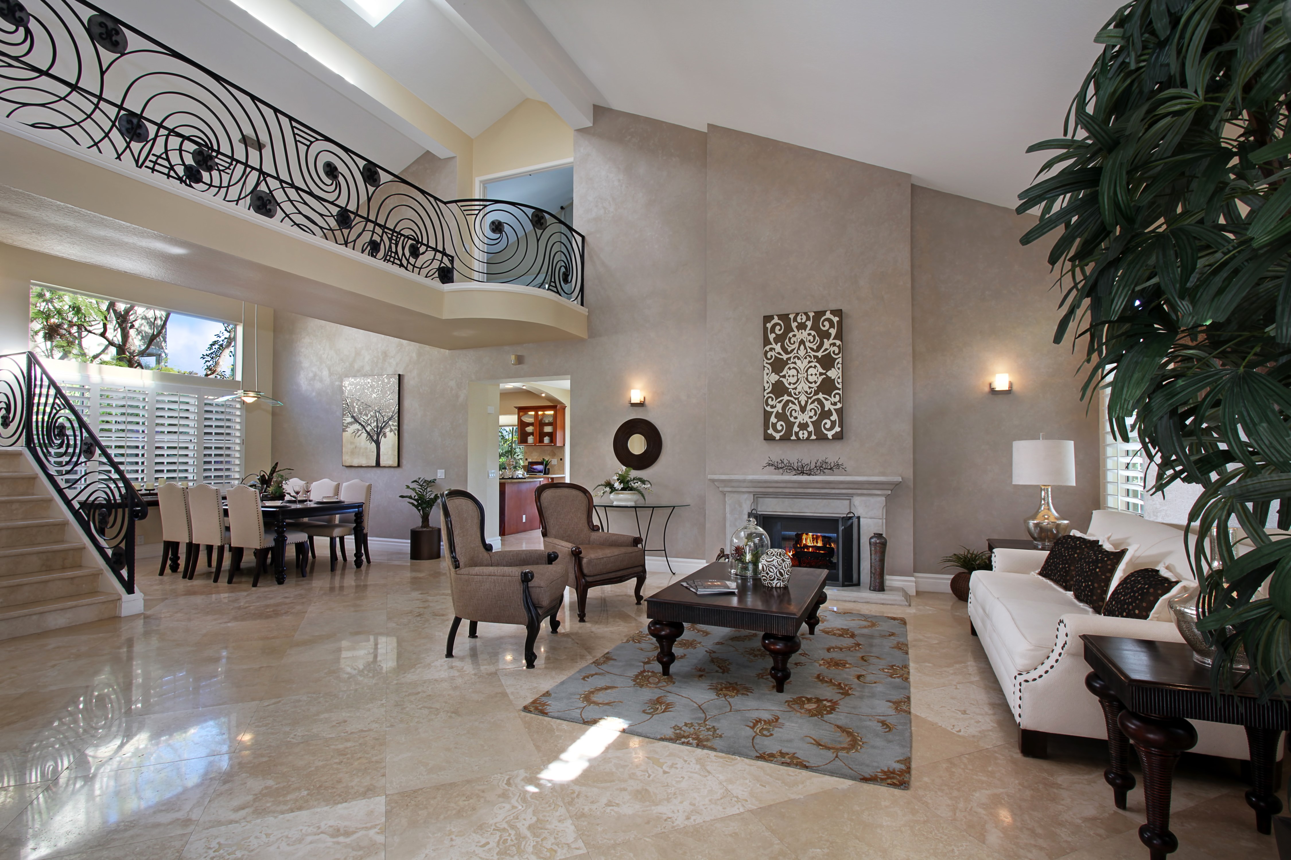 Luxury living room with fireplace and dining area HD Wallpaper