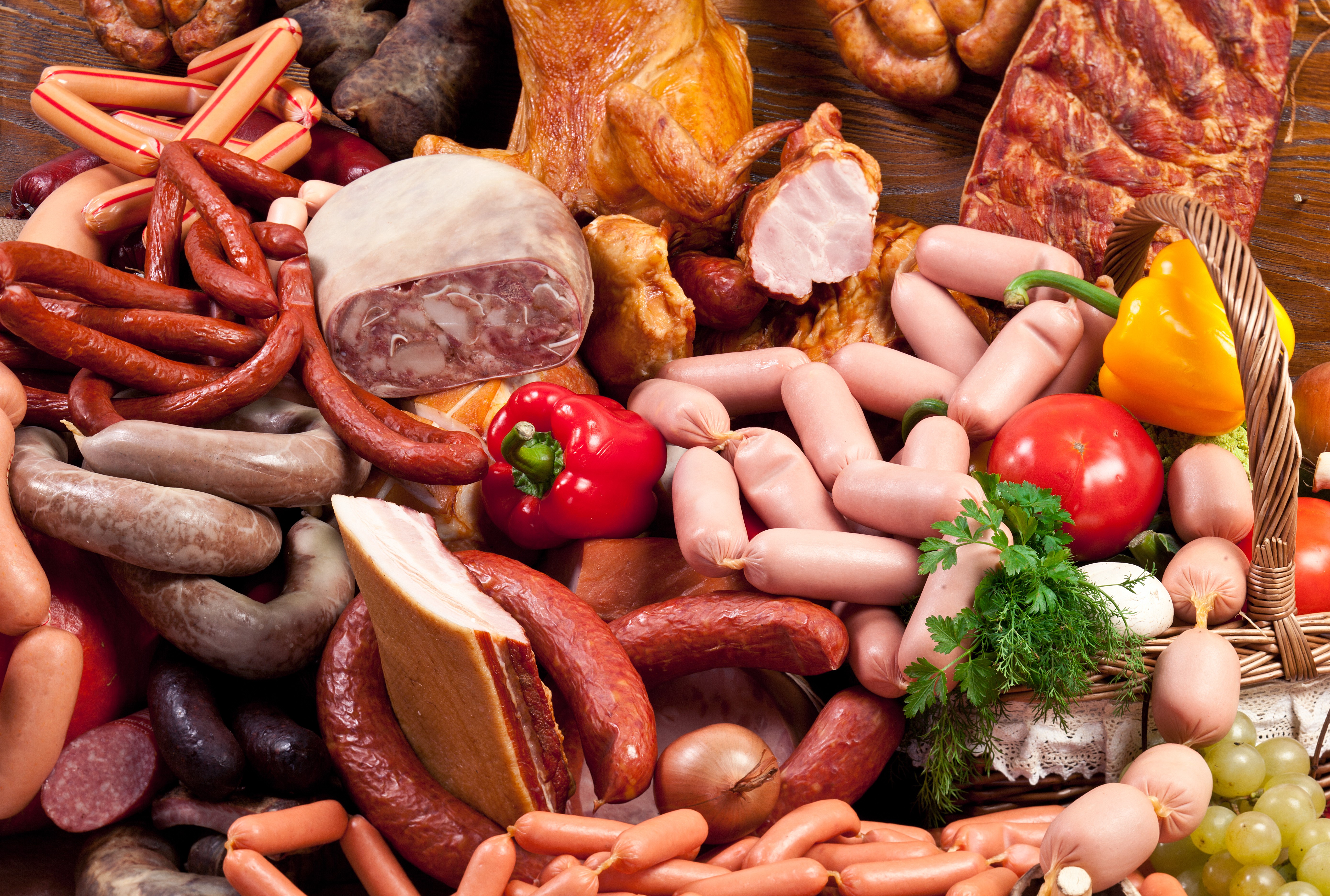 Assortment of Meat Products, Sausages, and Vegetables HD Wallpaper