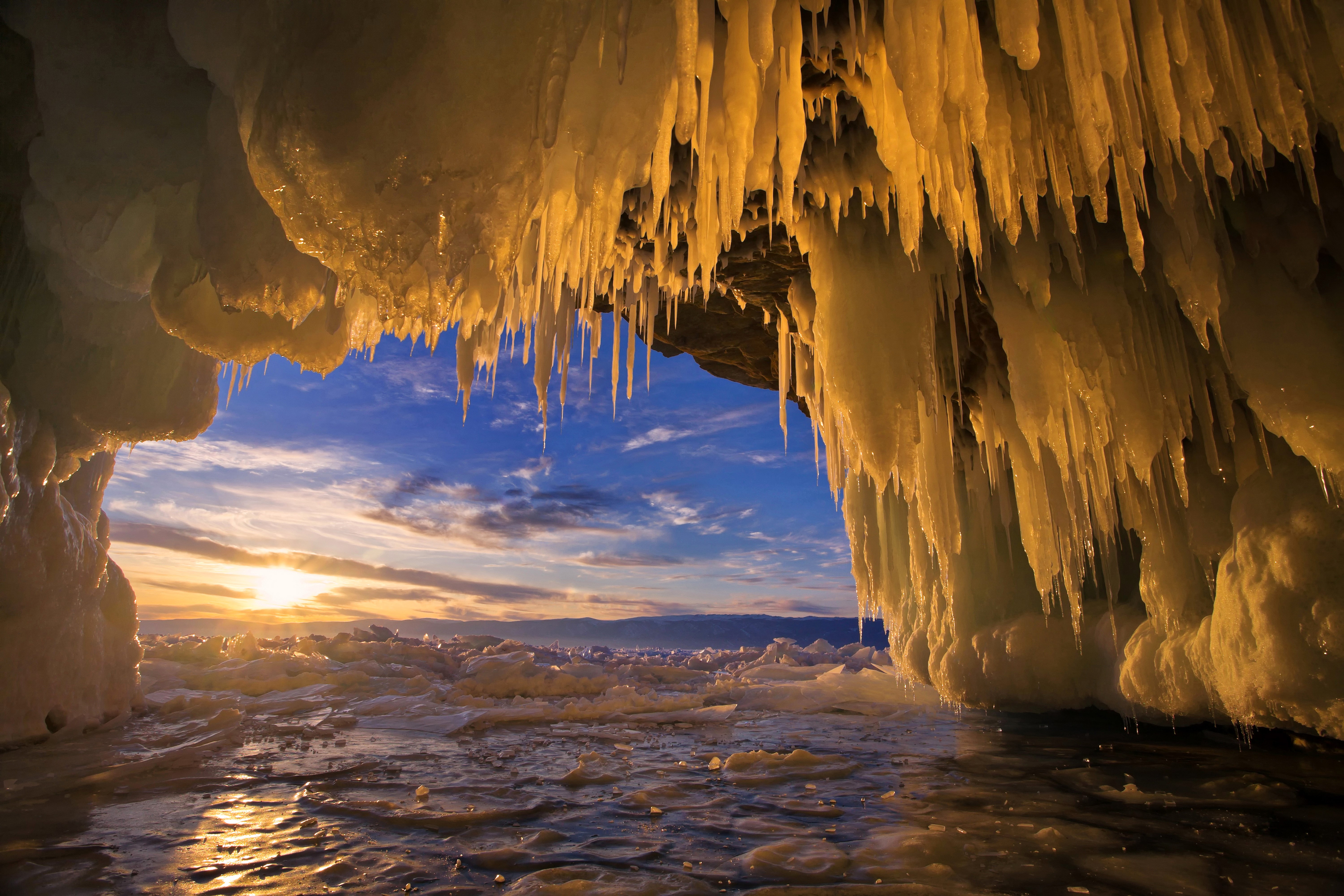 Baikal Lake Russia Winter Sunrise Ice Cave HD Wallpaper