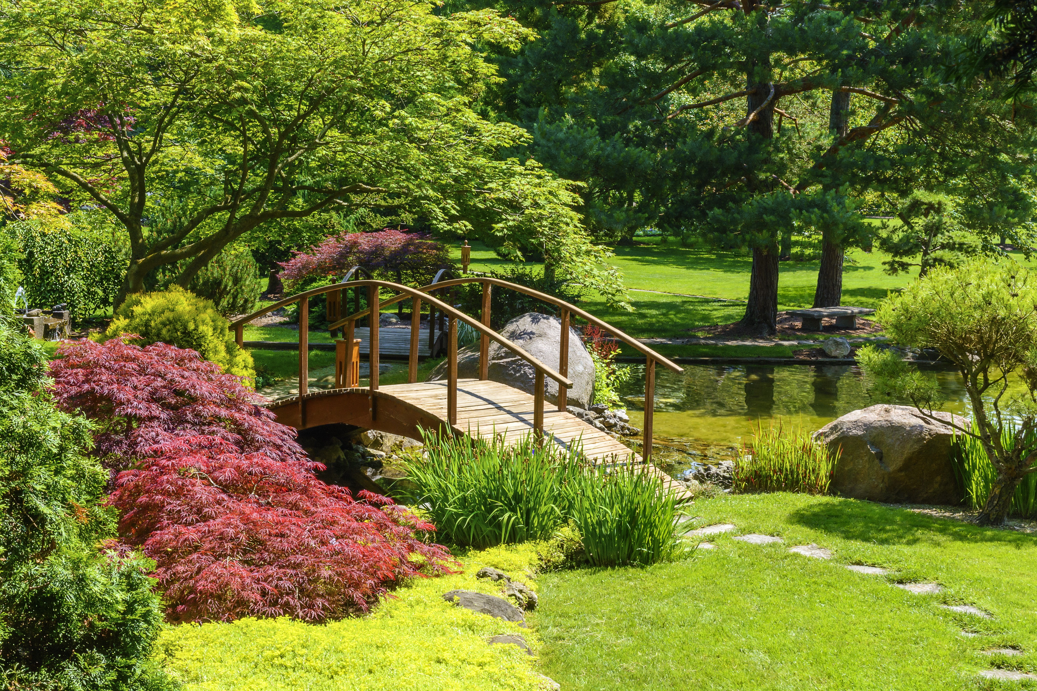 Japanese Garden with Wooden Bridge and Pond HD Wallpaper