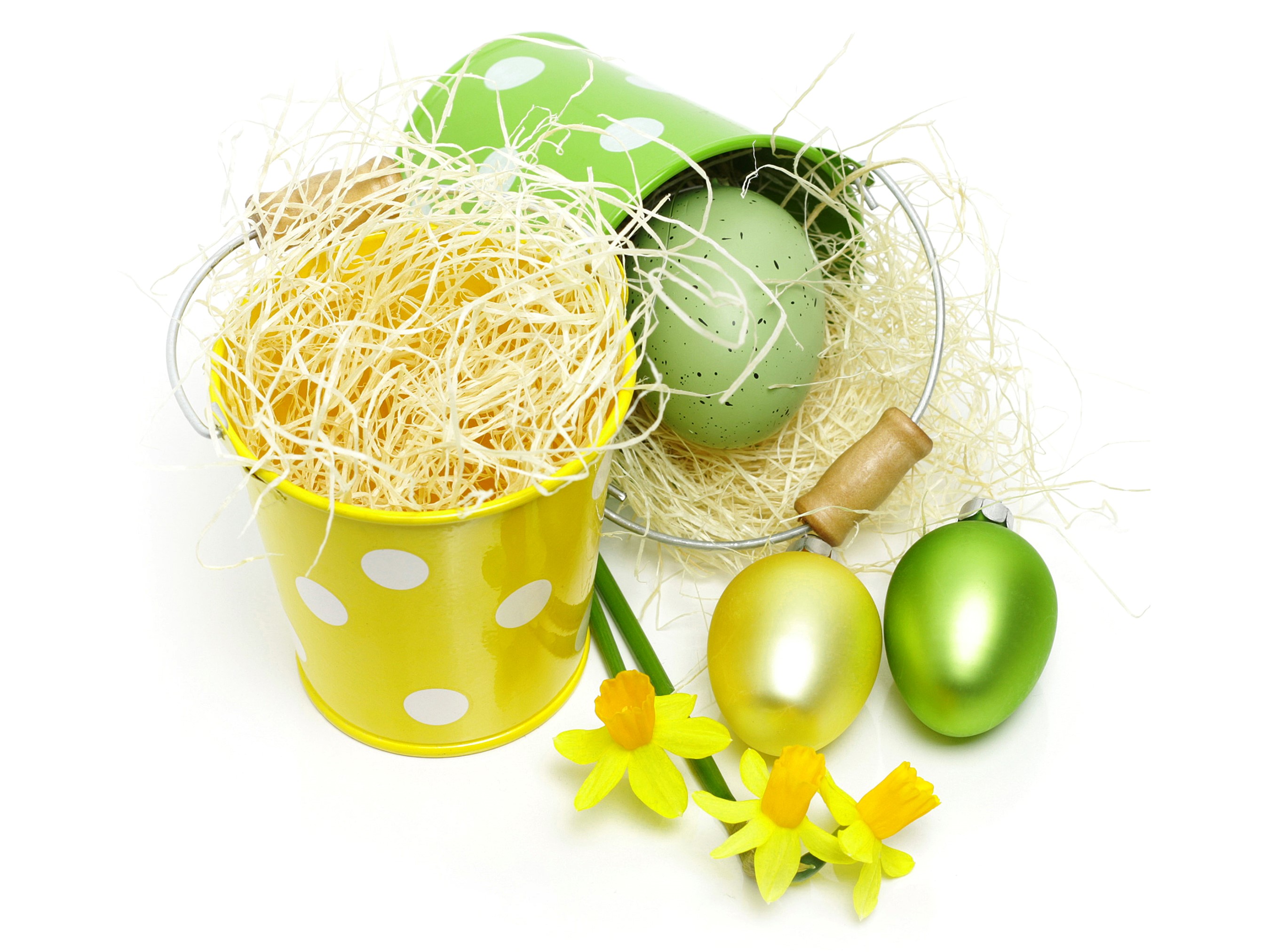 Easter decorations with buckets, eggs, and daffodils HD Wallpaper