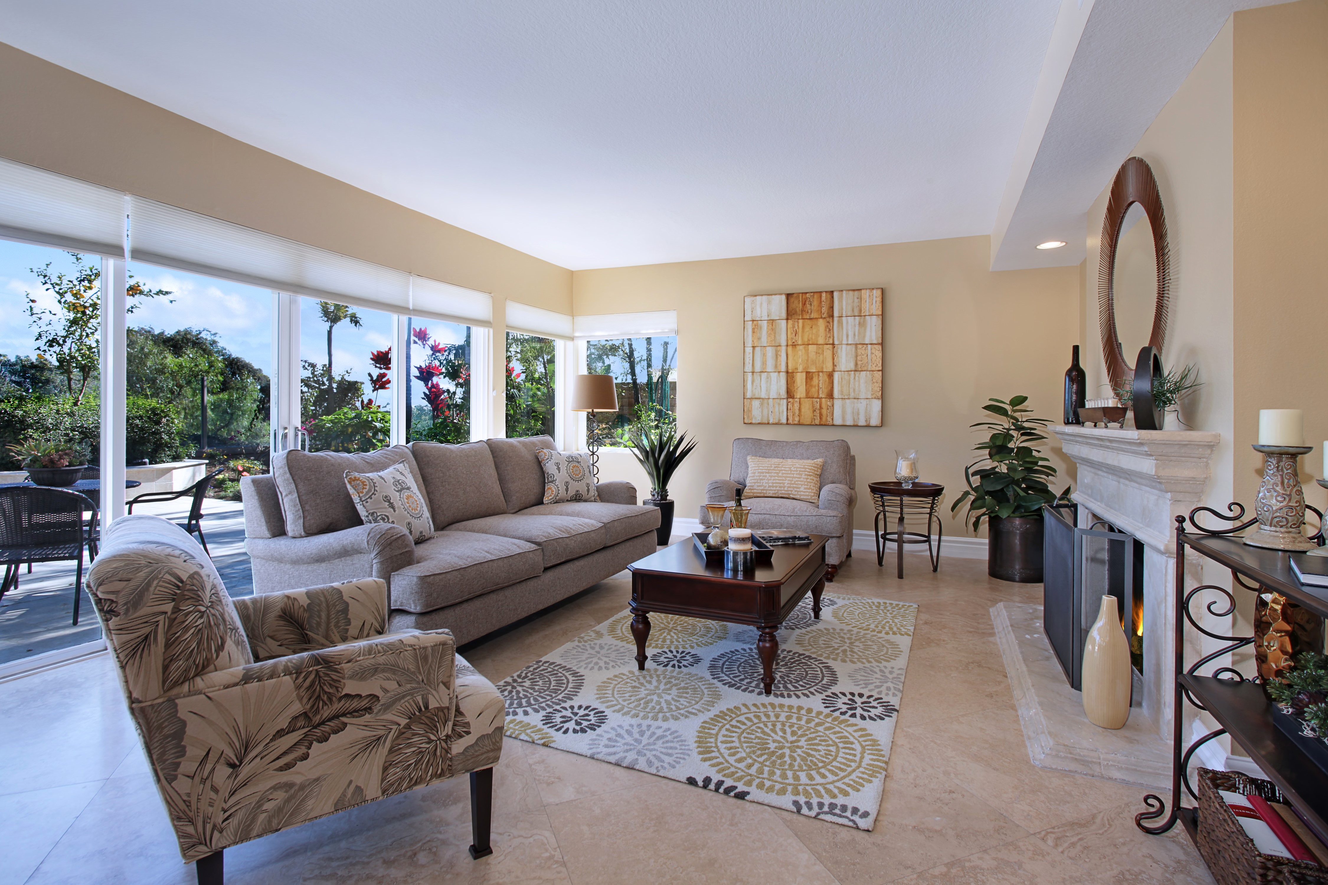 Living room with sofa, armchair, and carpet HD Wallpaper
