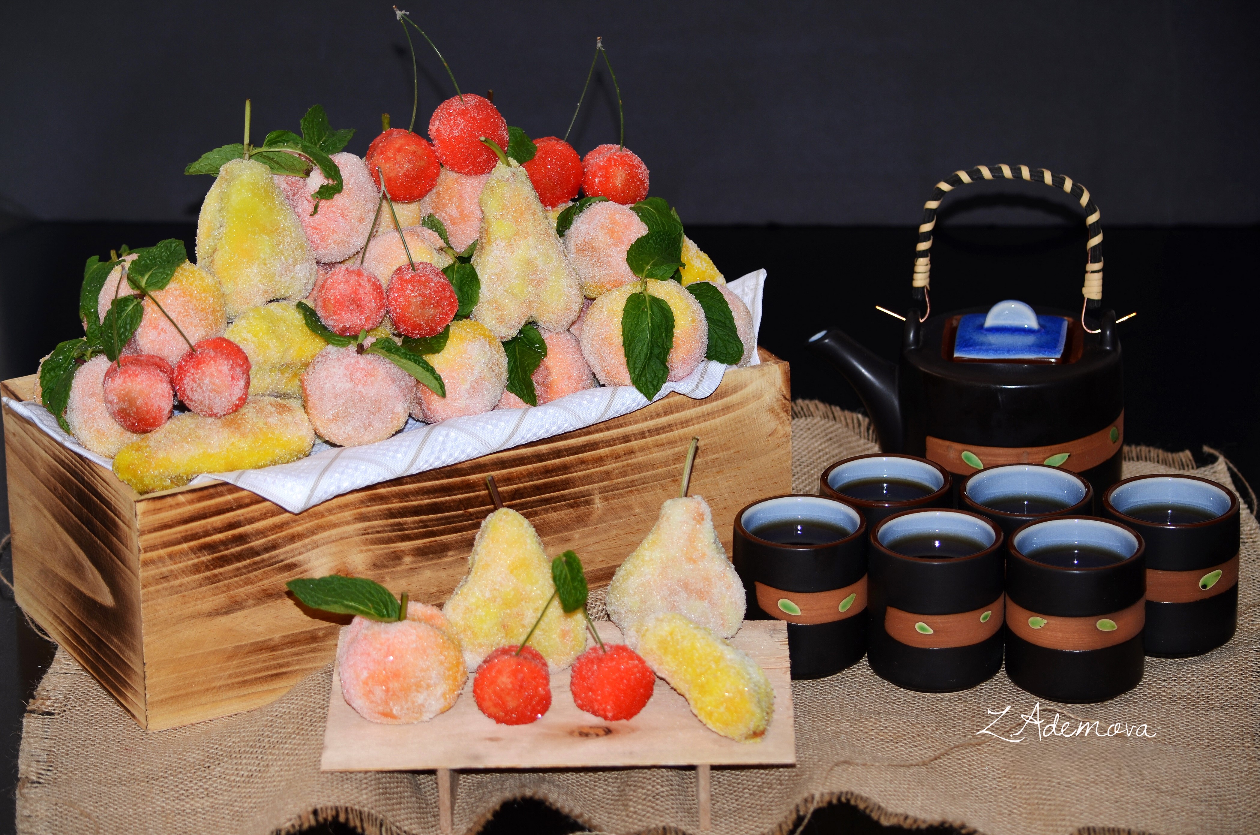 Candied fruits and tea set HD Wallpaper