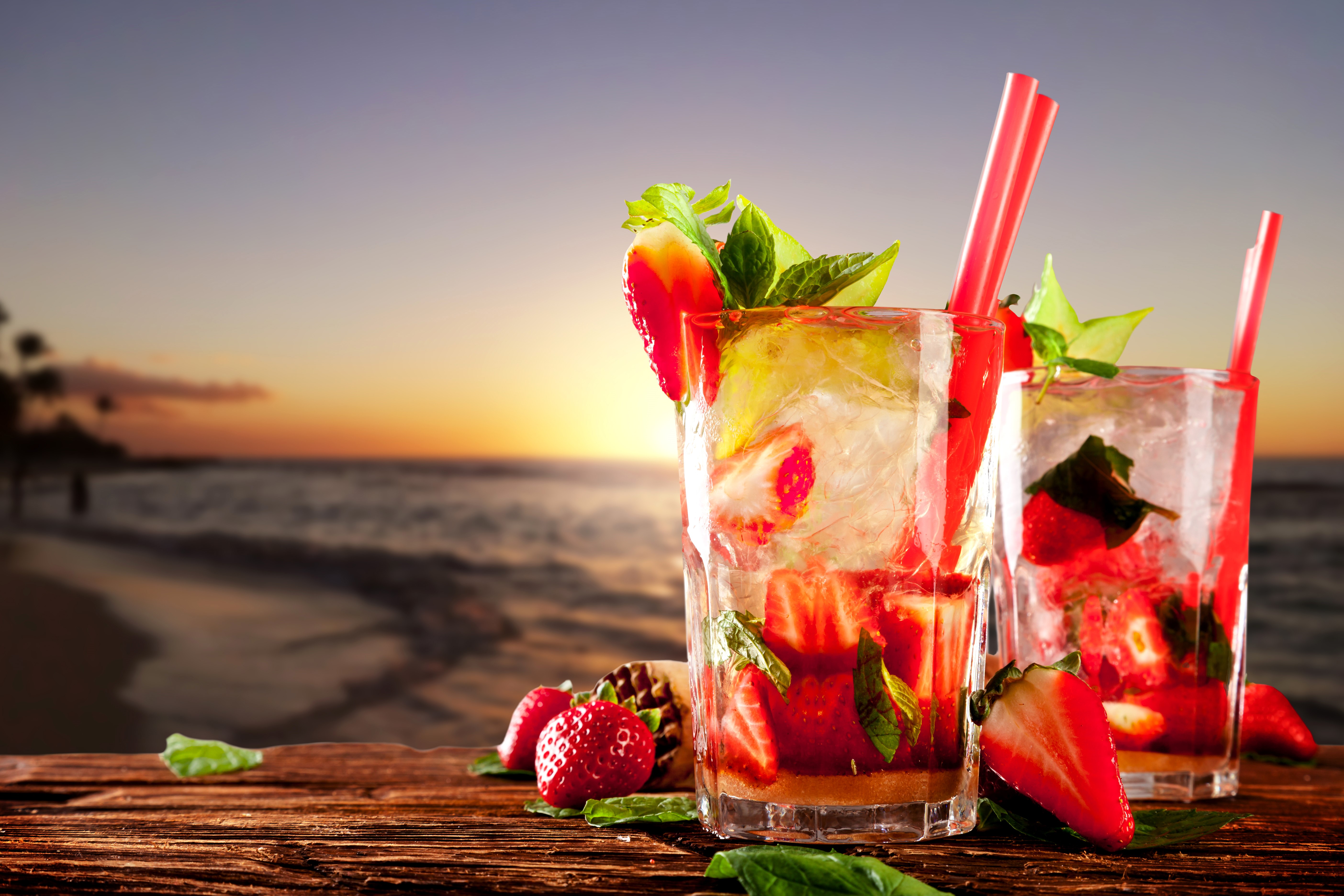 Strawberry Drinks on a Beach at Sunset HD Wallpaper