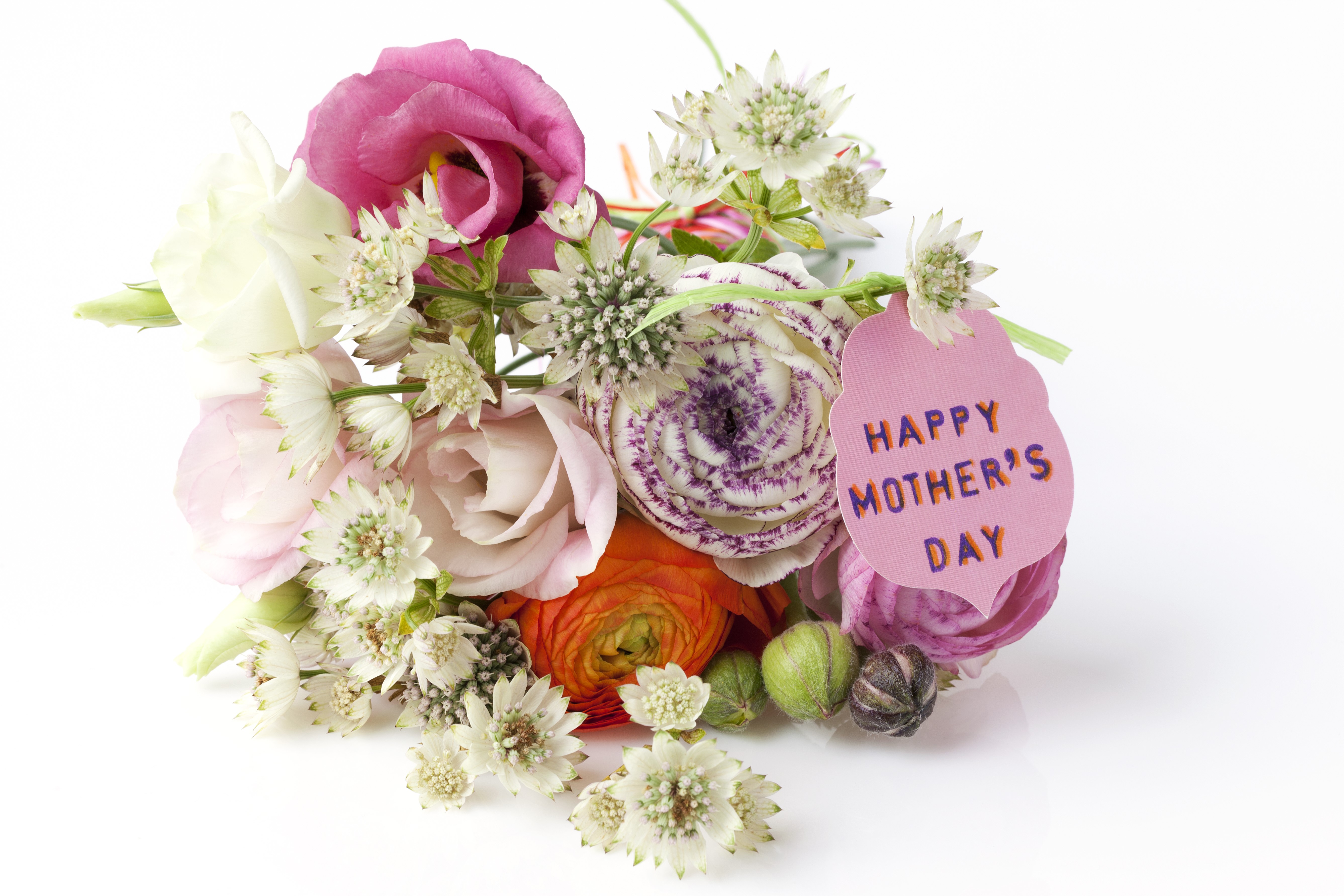 Bouquet of Roses, Eustoma, and Ranunculus with Mother's Day Tag HD Wallpaper