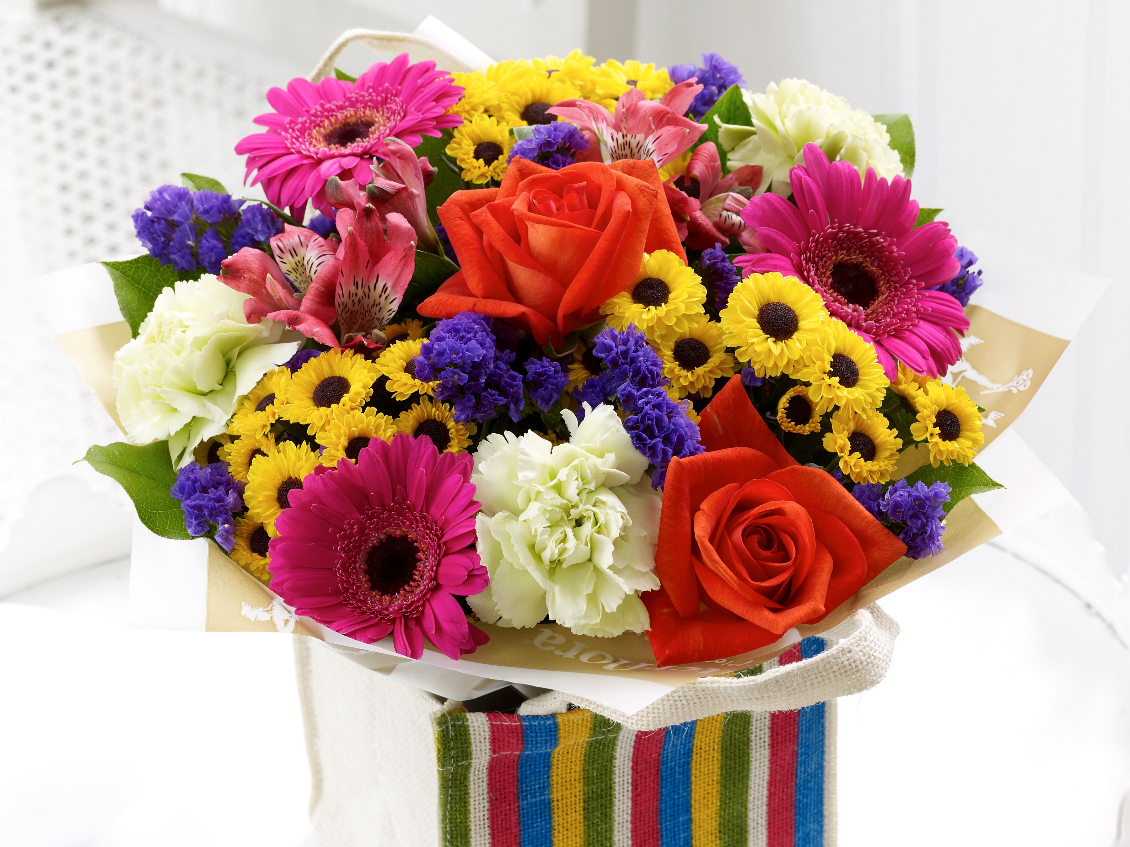 Colorful flower bouquet with roses, alstroemeria, and gerberas HD Wallpaper