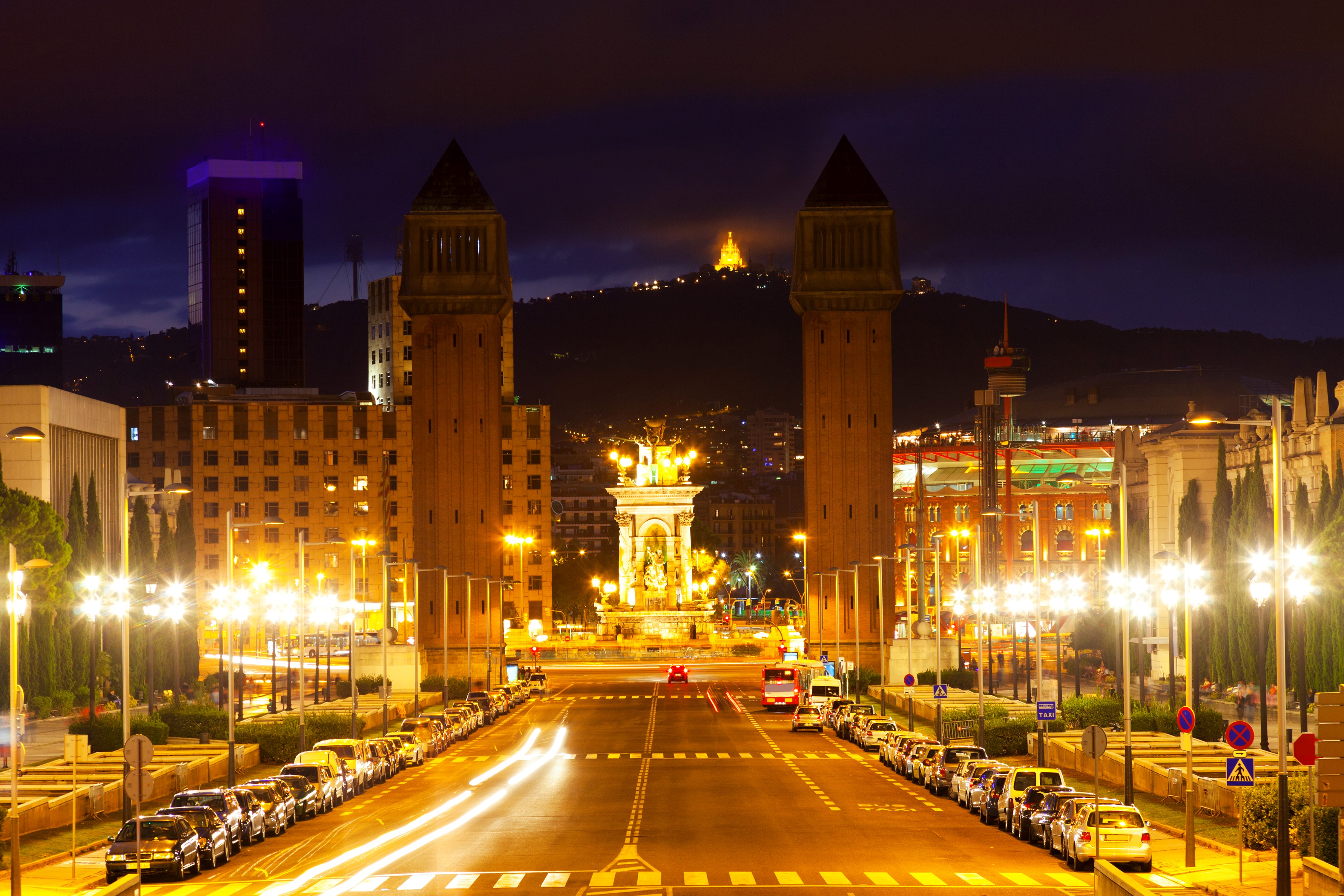 Barcelona at Night: Venetian Towers and Fountain HD Wallpaper