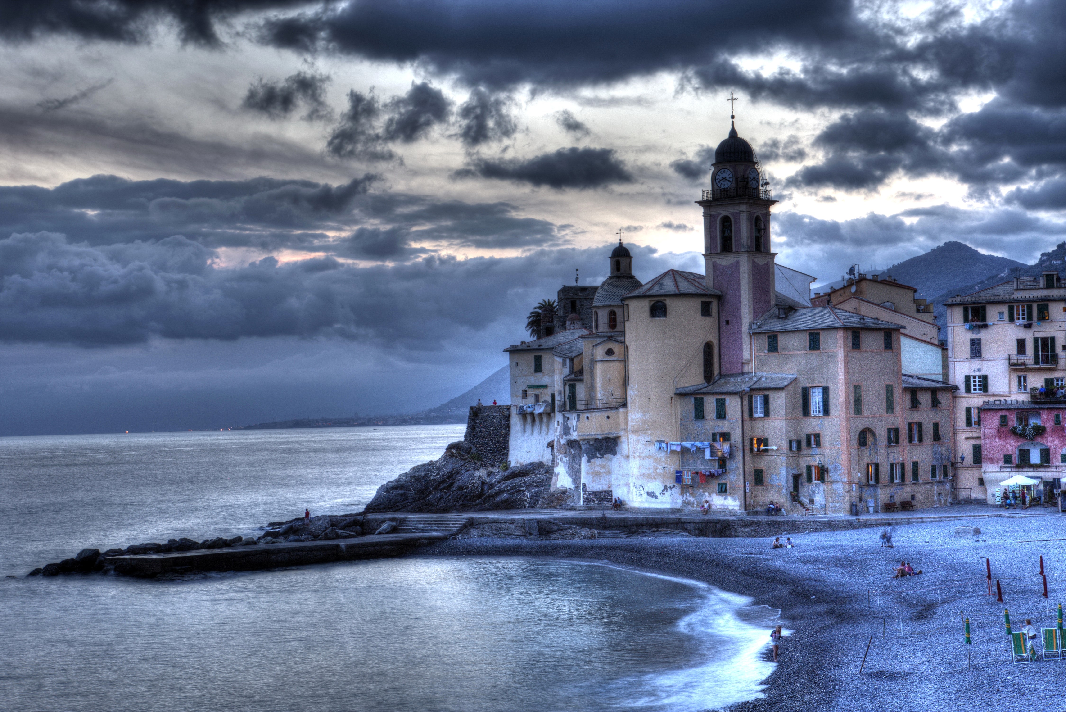 Camogli, Italy: Church and Beach with Dramatic Clouds HD Wallpaper