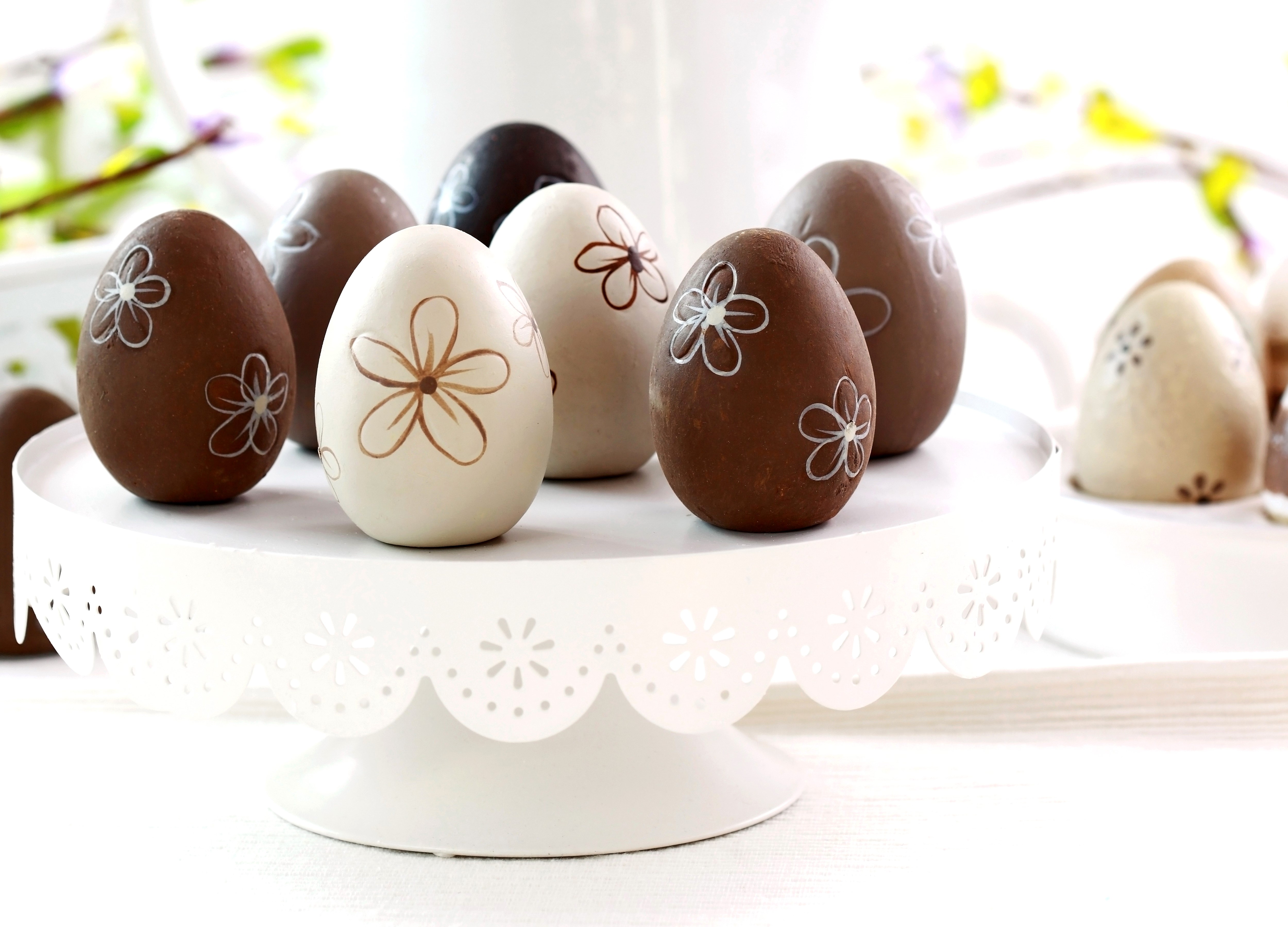 Easter Chocolate Eggs on a White Cake Stand HD Wallpaper