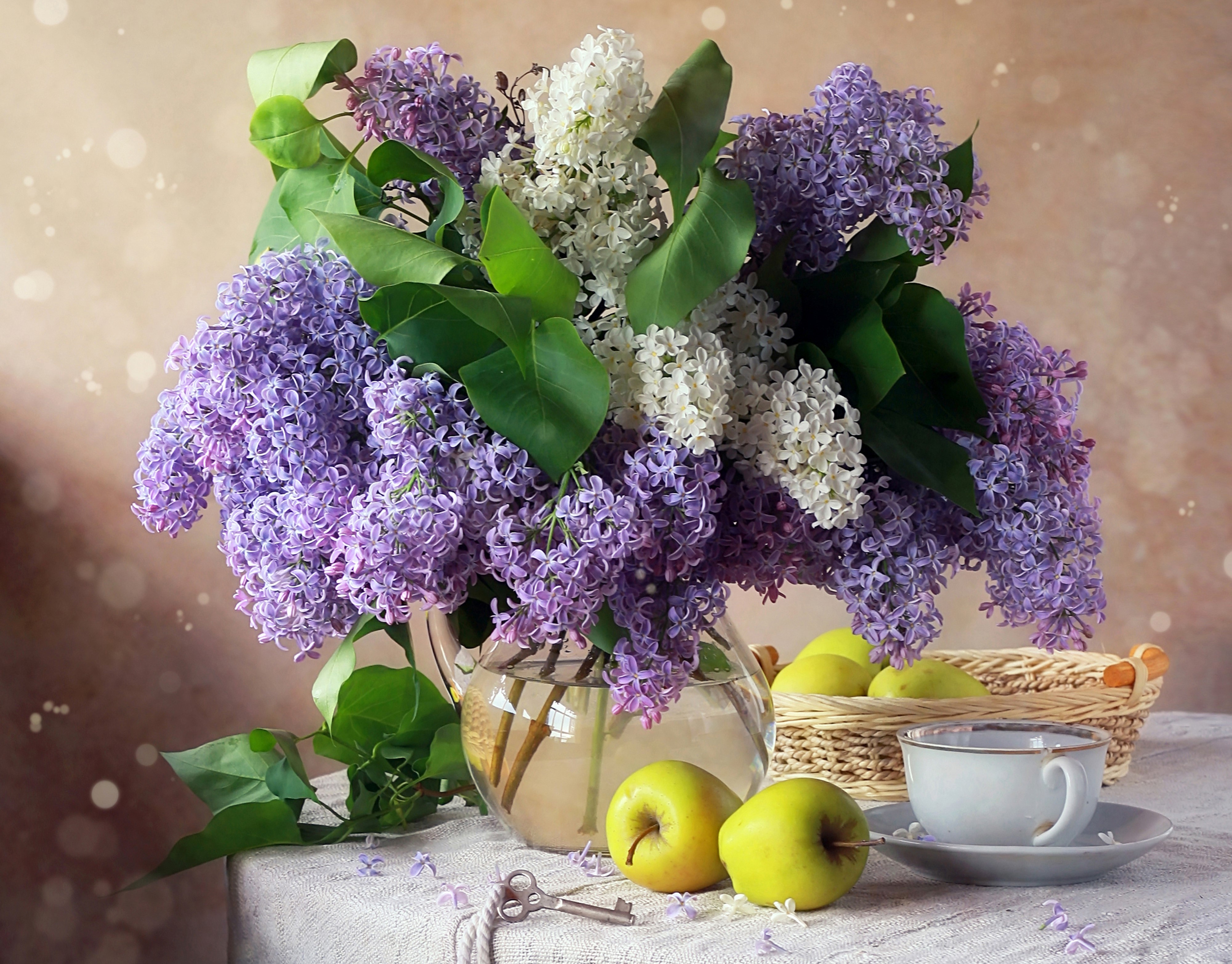Still-life with Lilac, Apples, and Cup HD Wallpaper