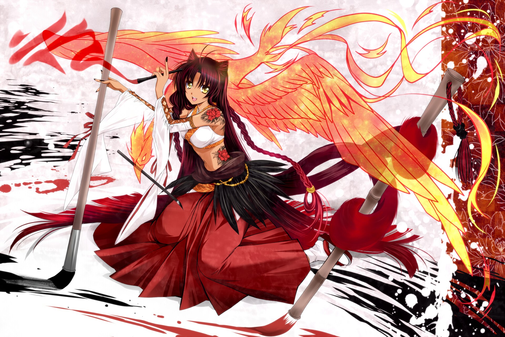 Kanna with Phoenix Wings and Paint Brushes HD Wallpaper