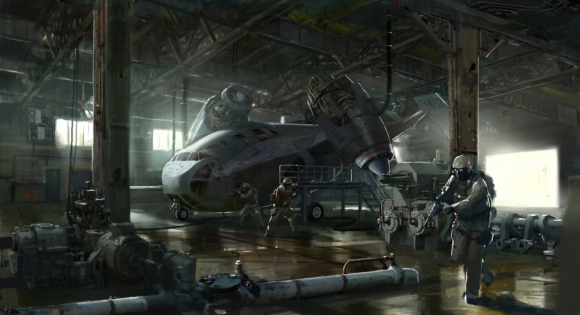 Soldiers in a hangar with a damaged aircraft HD Wallpaper
