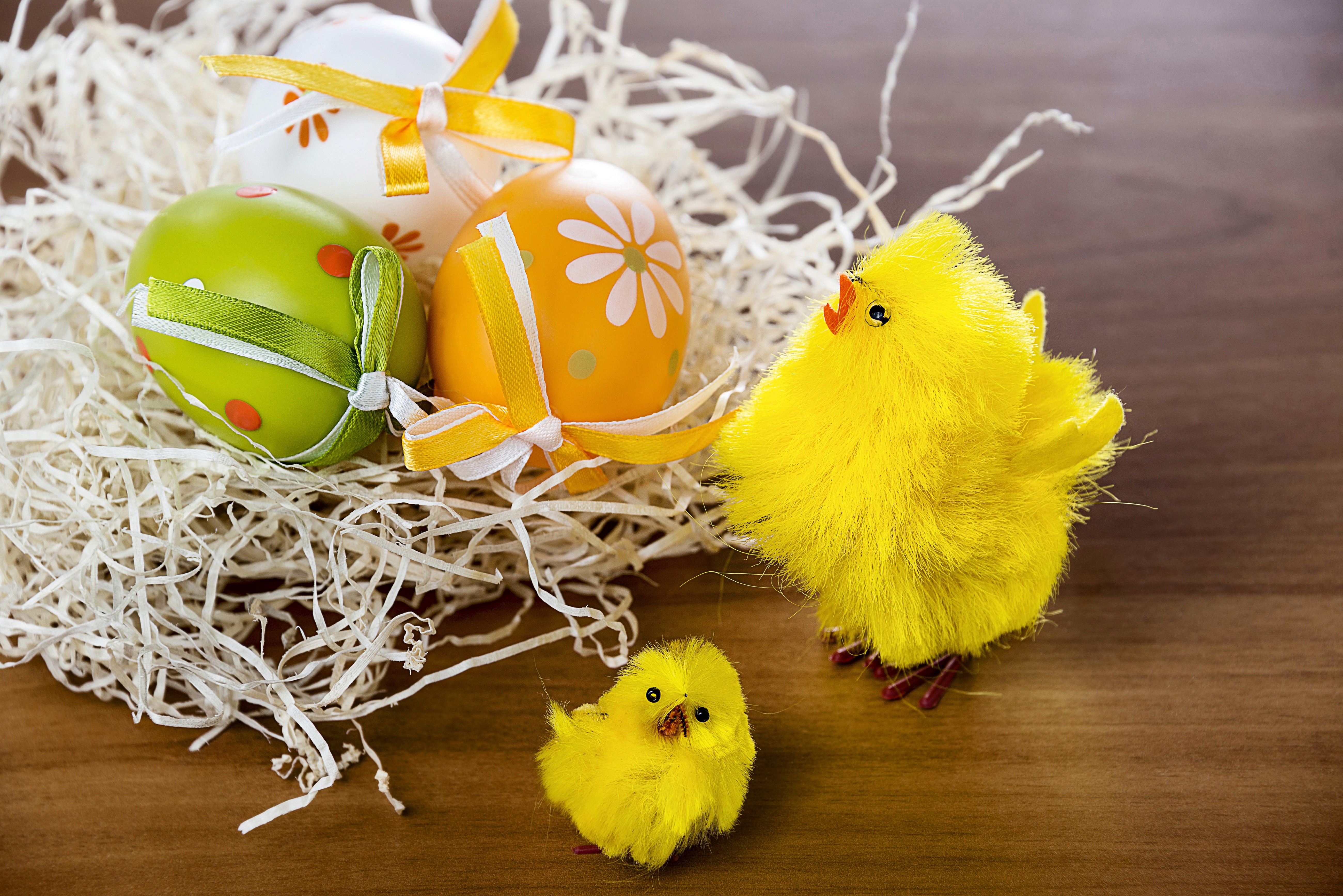 Easter chicks and decorated eggs in a nest HD Wallpaper