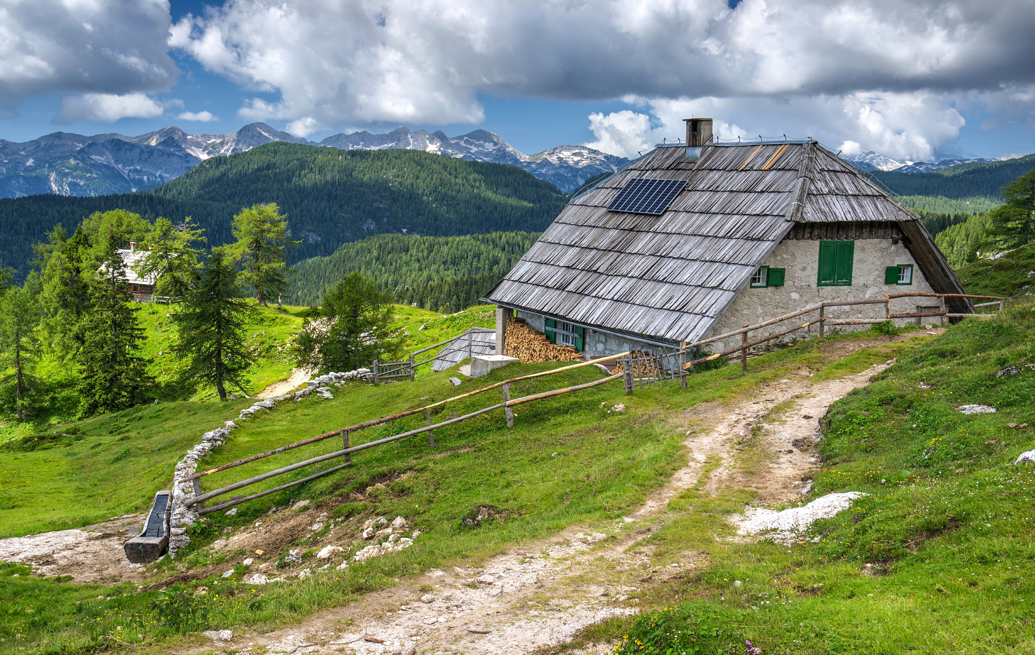 Mountain hut with solar panels in Bohinj, Slovenia HD Wallpaper