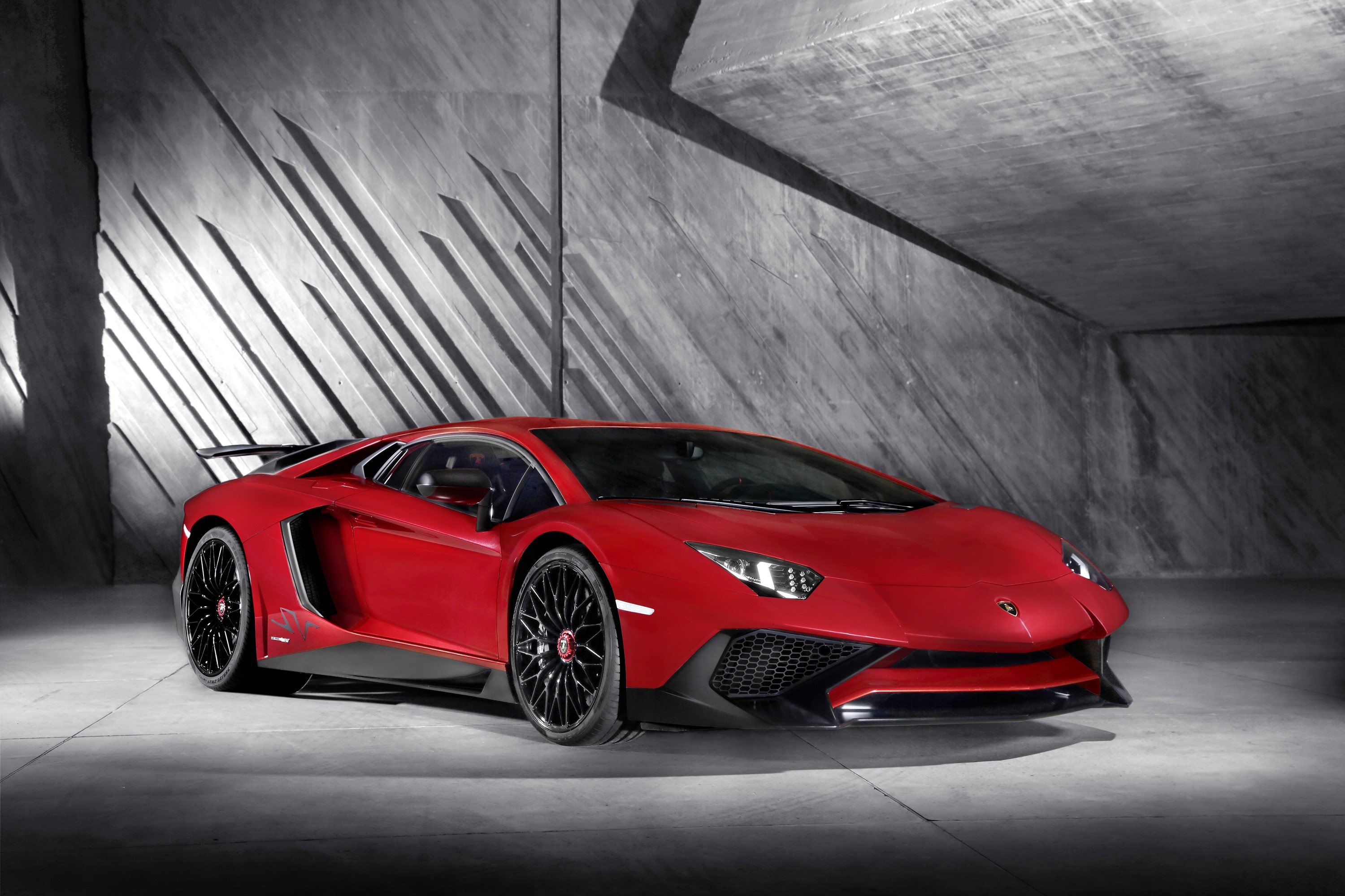 Red Lamborghini Aventador LP750-4 SV in a concrete garage HD Wallpaper