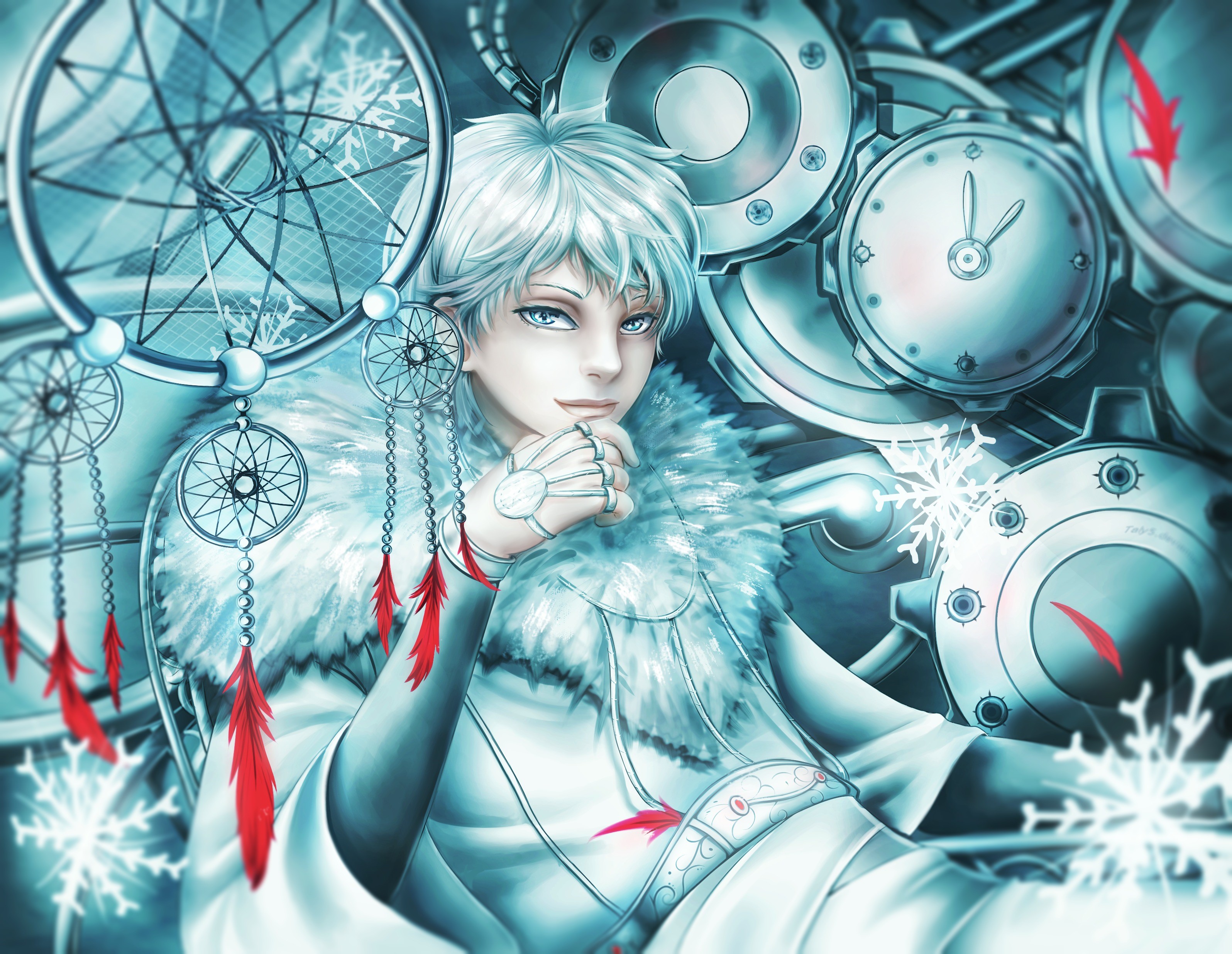 Anime boy with dreamcatchers and clockwork HD Wallpaper