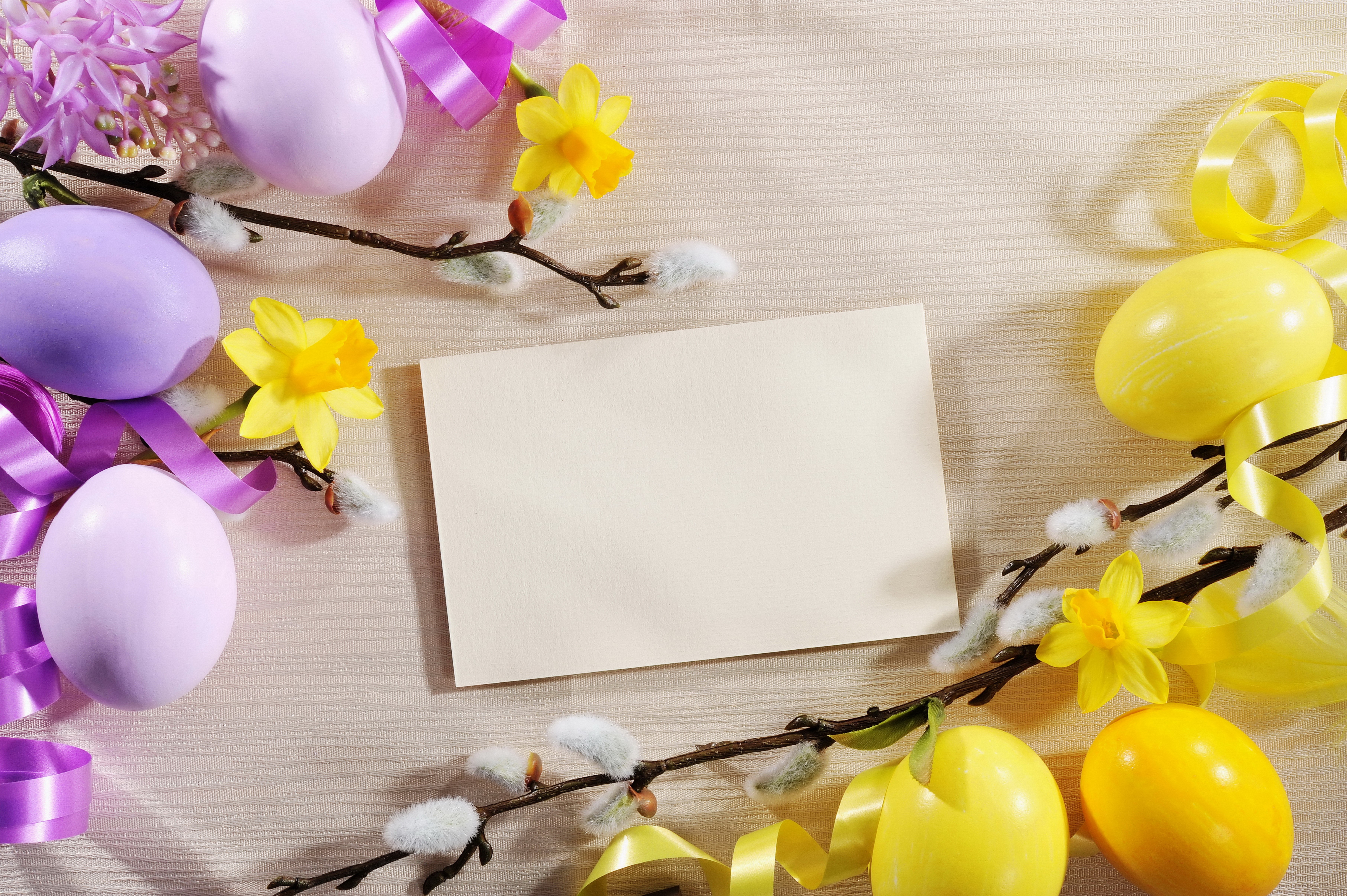 Easter Eggs with Daffodils and Pussy Willows HD Wallpaper