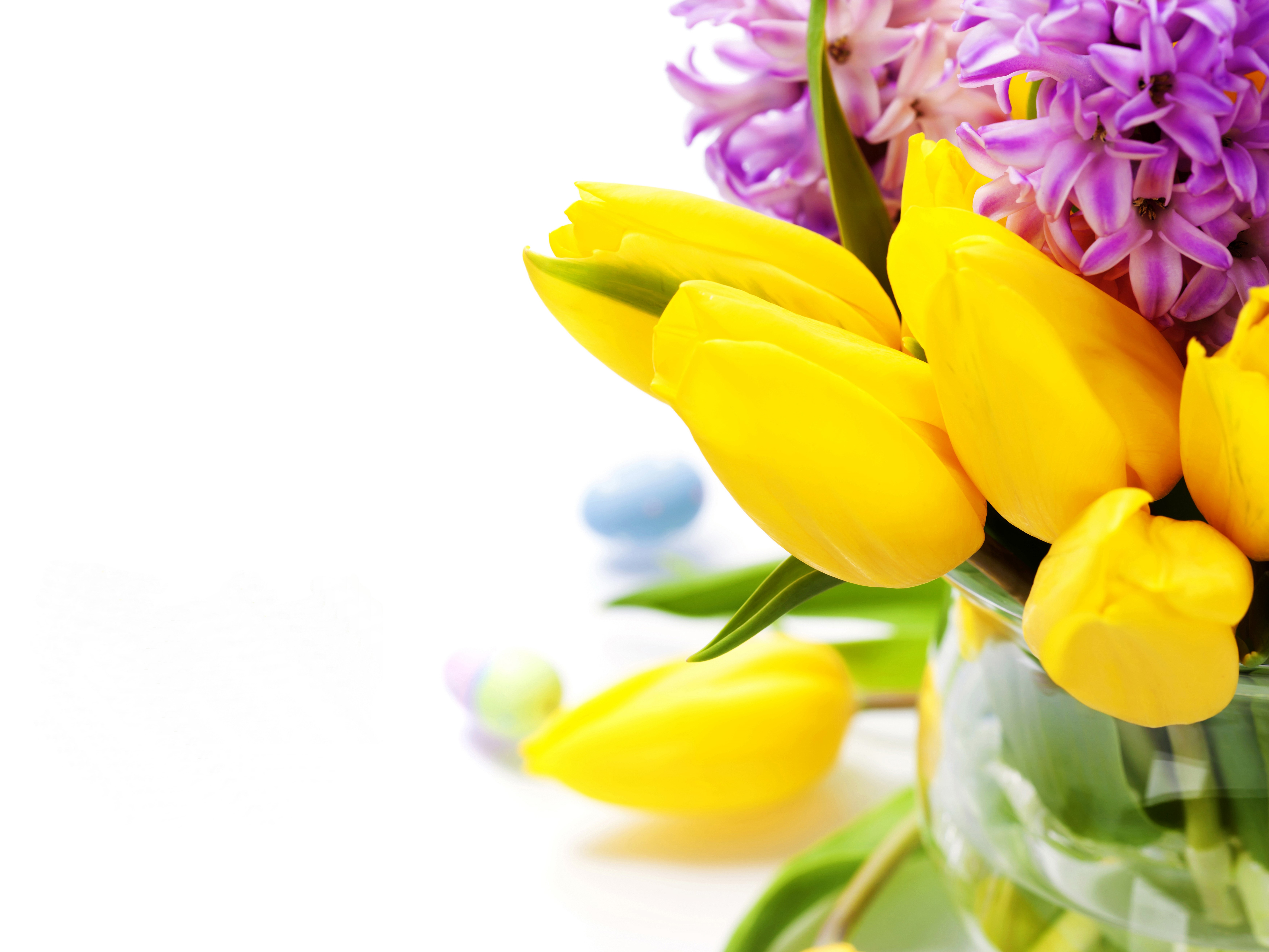 Yellow Tulips and Purple Hyacinths with Easter Eggs HD Wallpaper