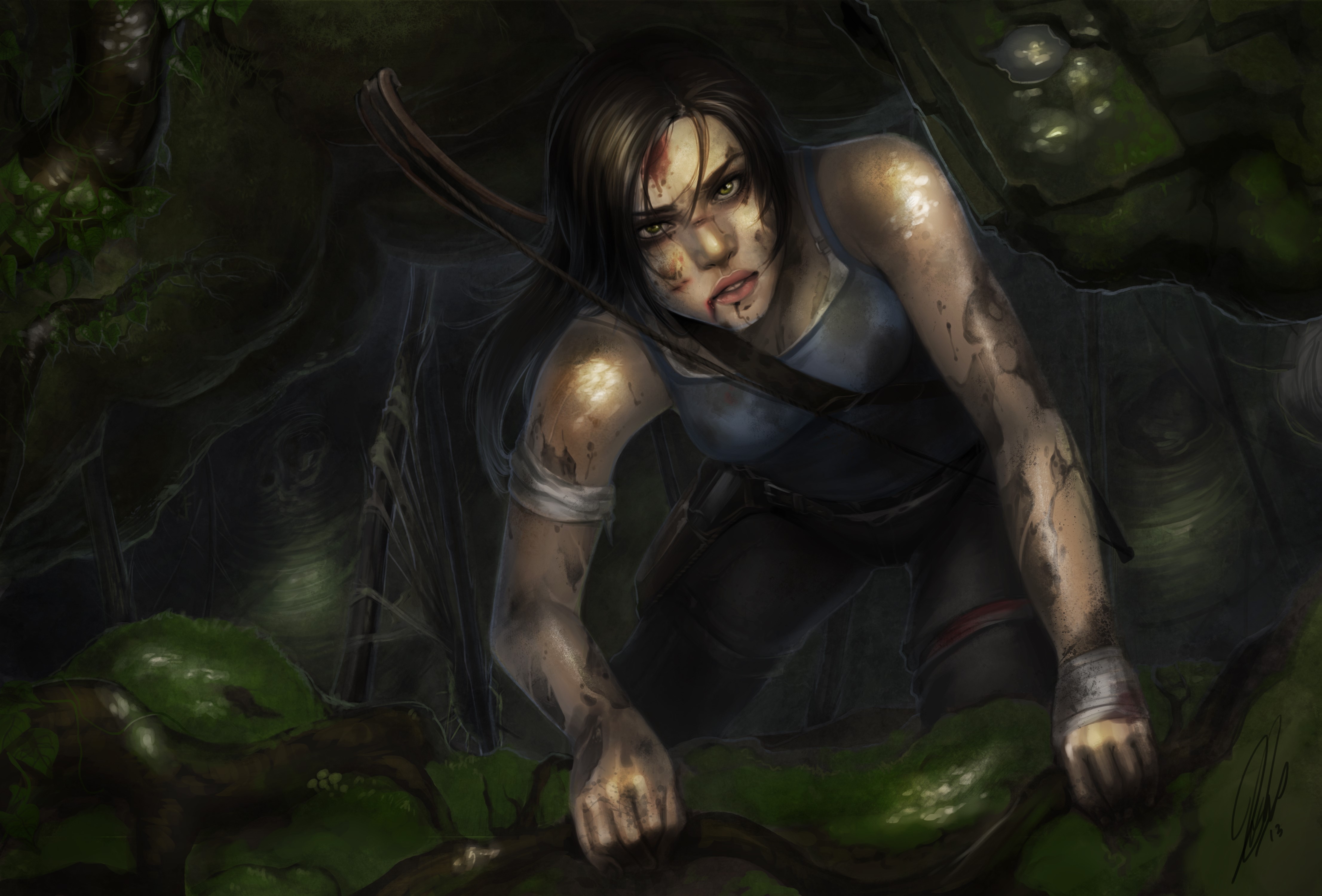 Lara Croft from Tomb Raider in a dark forest HD Wallpaper