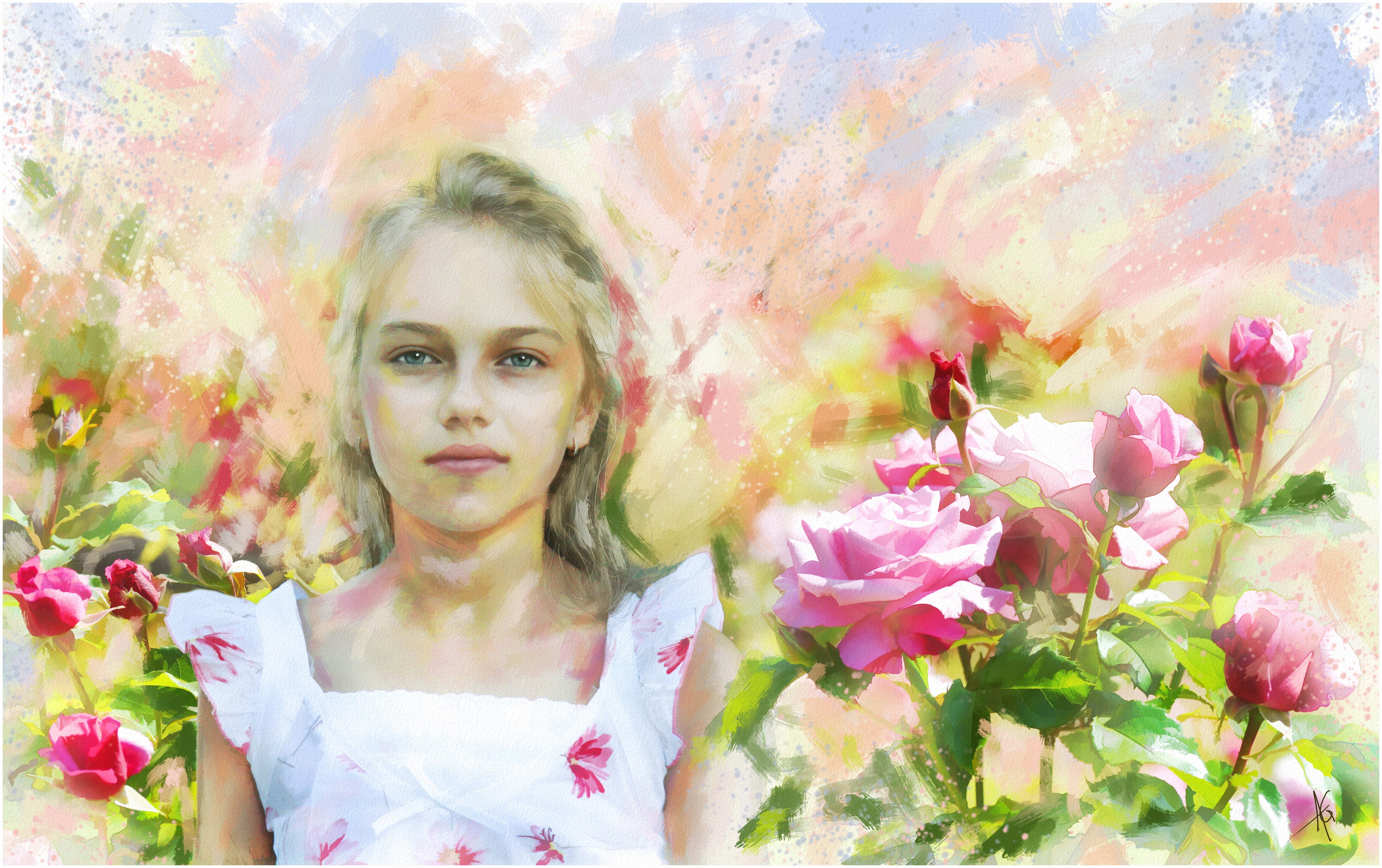 Alberto Guillen's painting of a girl in a rose garden HD Wallpaper