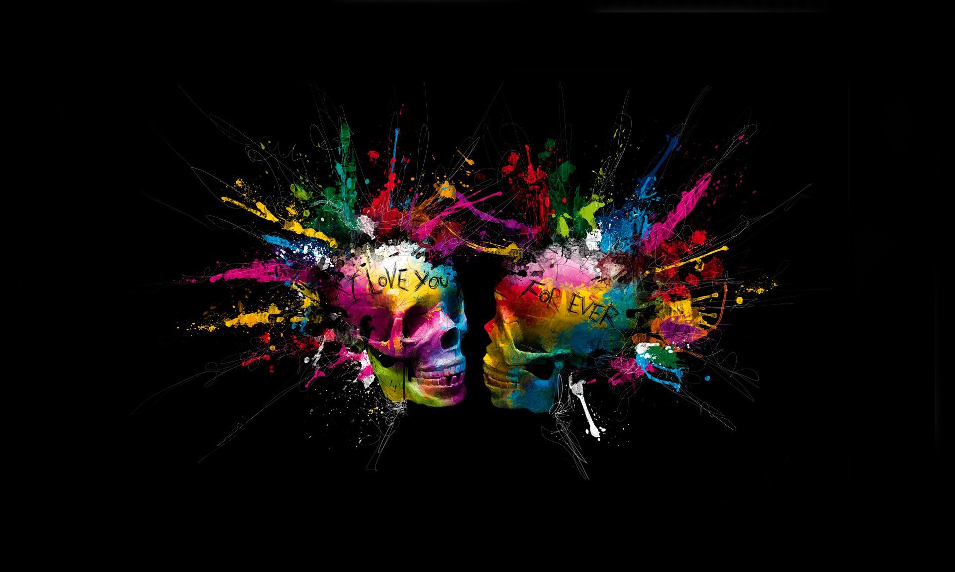 Two colorful skulls with paint splatters HD Wallpaper